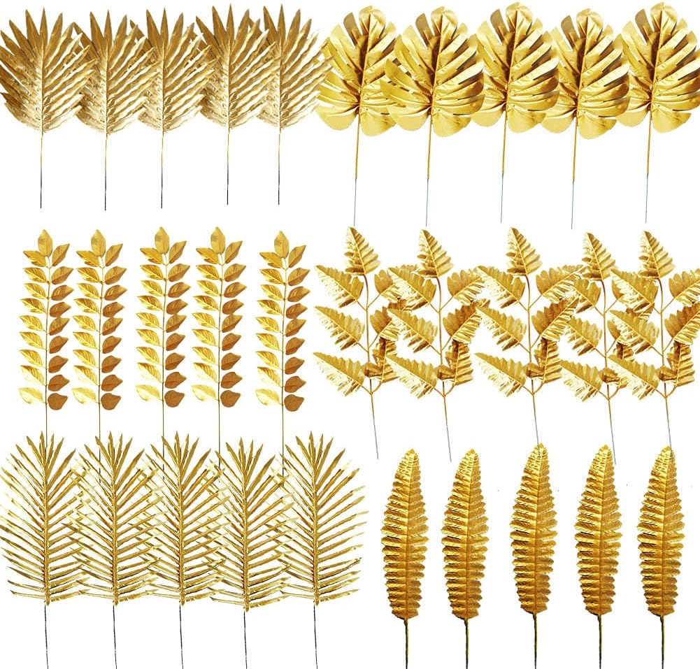 30PCS Artificial Golden Leaves Tropical Palm Faux Plants for Decor