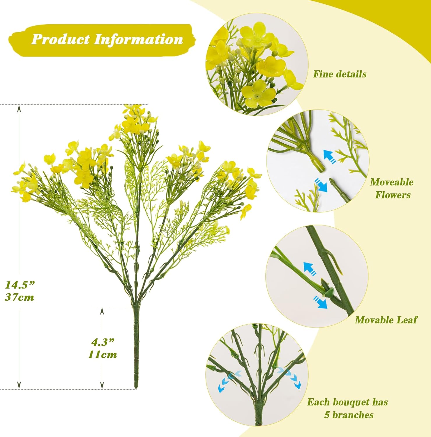 Uqueeten Artificial Hydrangea Flowers Yellow 4pcs Outdoor Indoor Decor