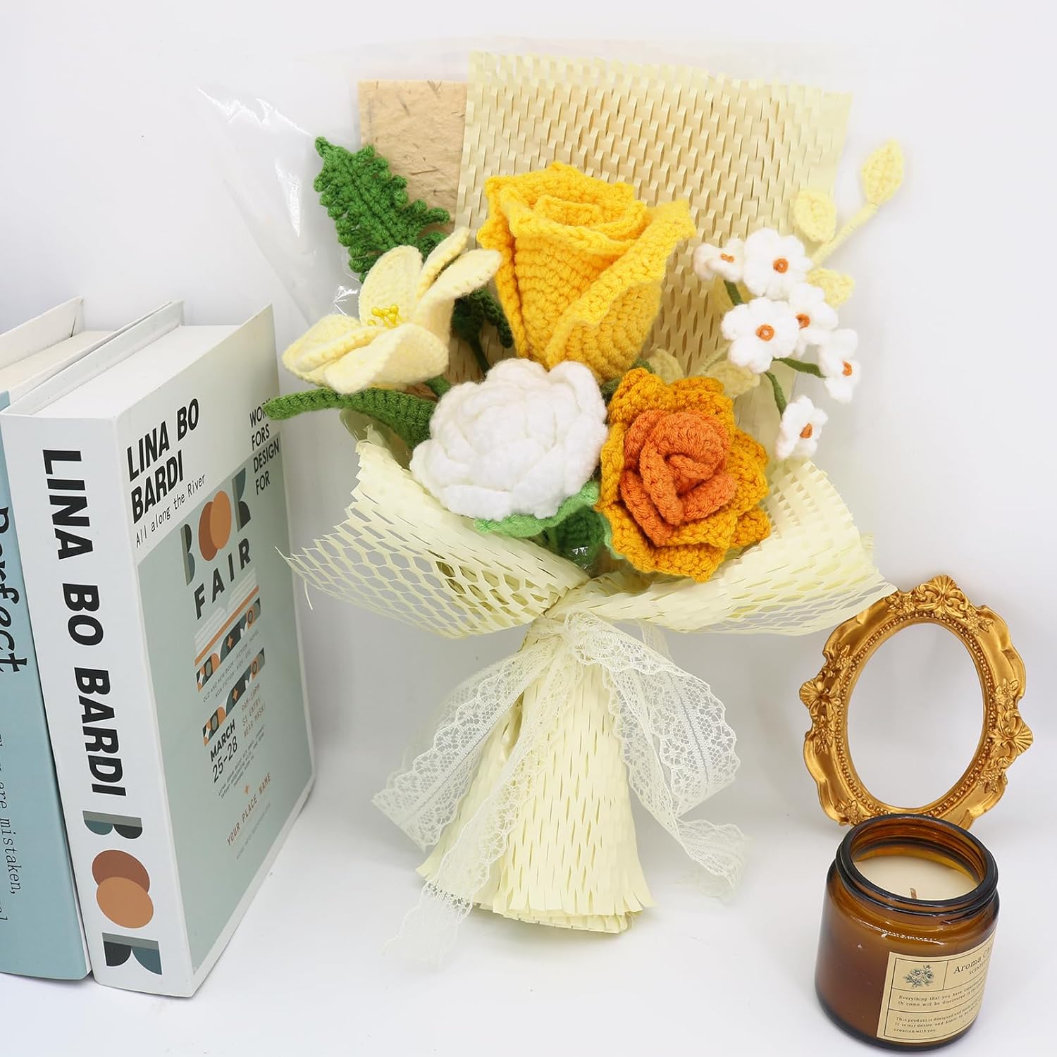 Handmade Crochet Yellow Bouquet with Roses and Orchids