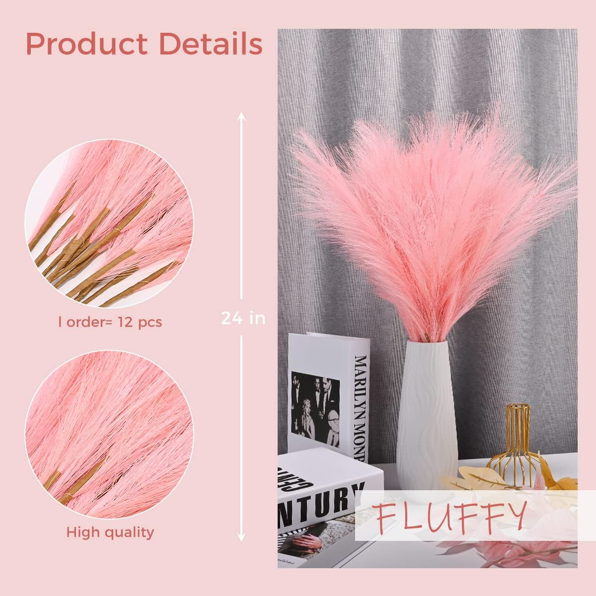 U-LIAN 12PCS Pink Faux Pampas Grass 24 Inch Decor Set