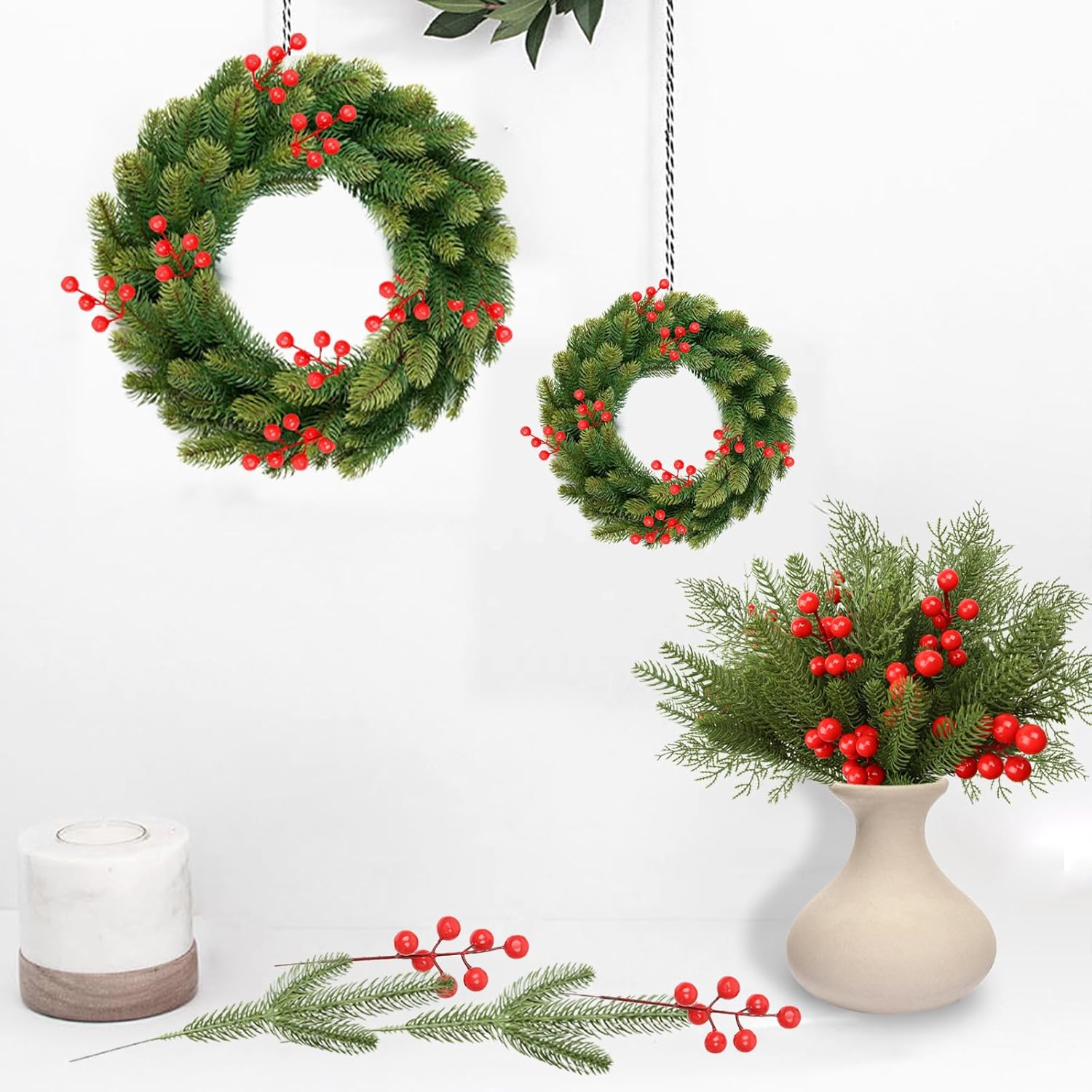 95PCS Christmas Wrapping Decor Set with Artificial Pine Faux Greenery and Red Berries