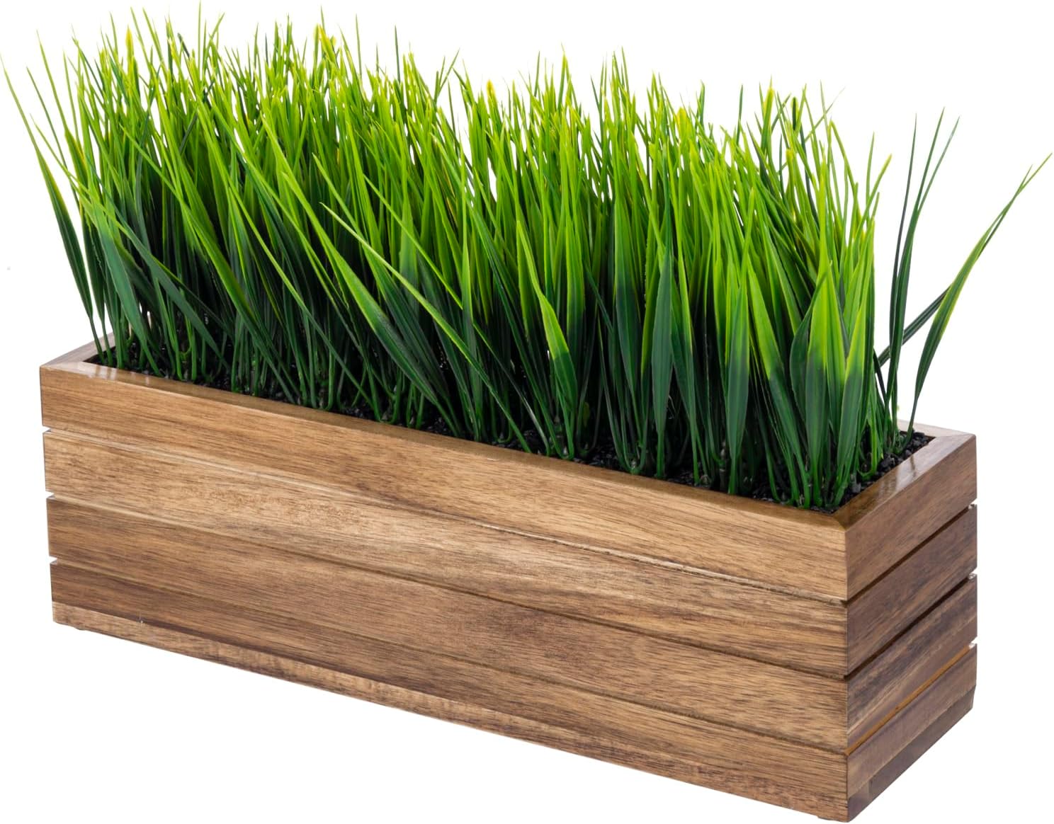 MyGift 14 Inch Artificial Grass in Acacia Wood Planter