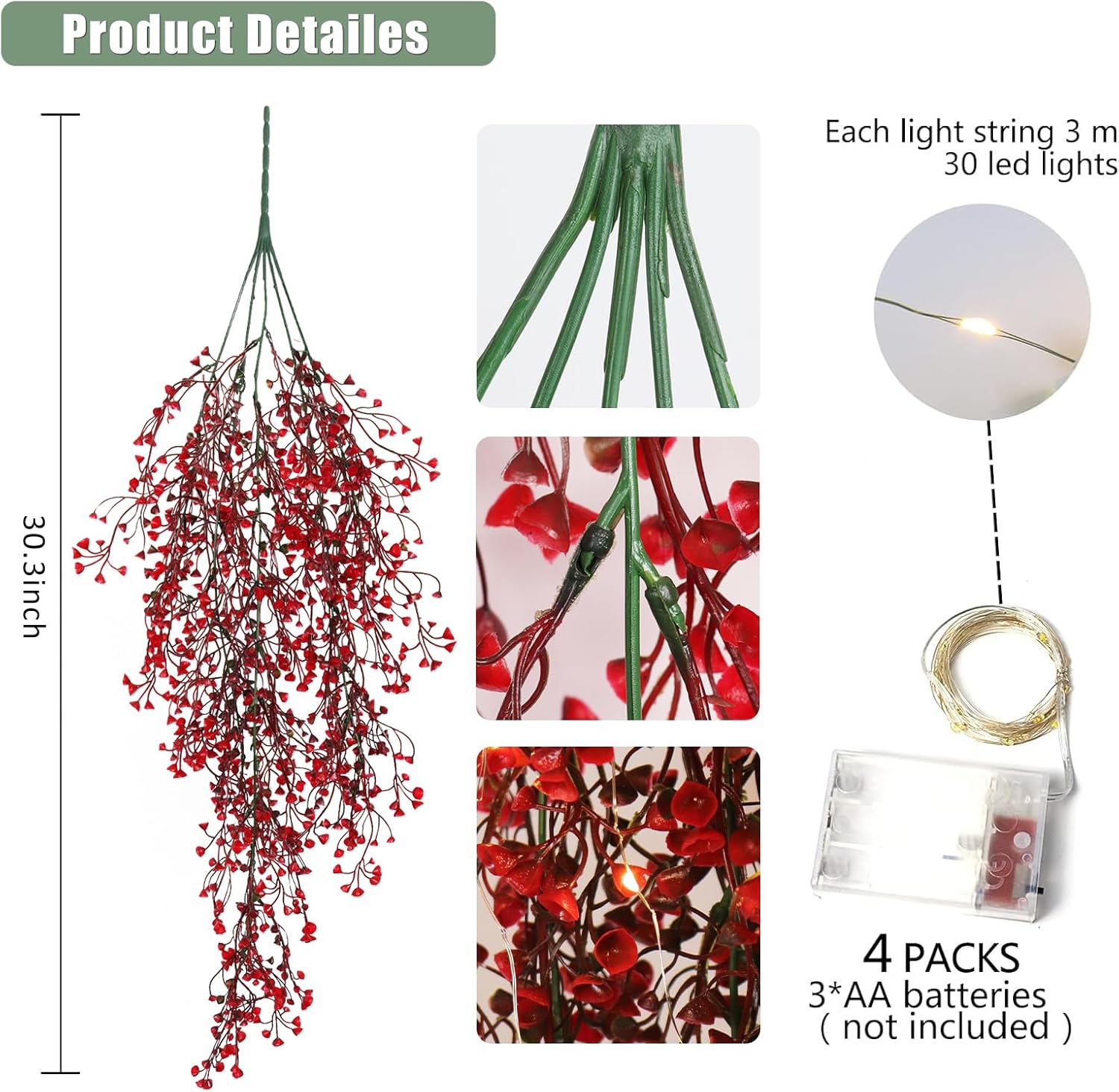 RECUTMS Artificial Hanging Fern Lighted with 30 LED Fake Ivy Vines for Home Decor Pack of 4 Red