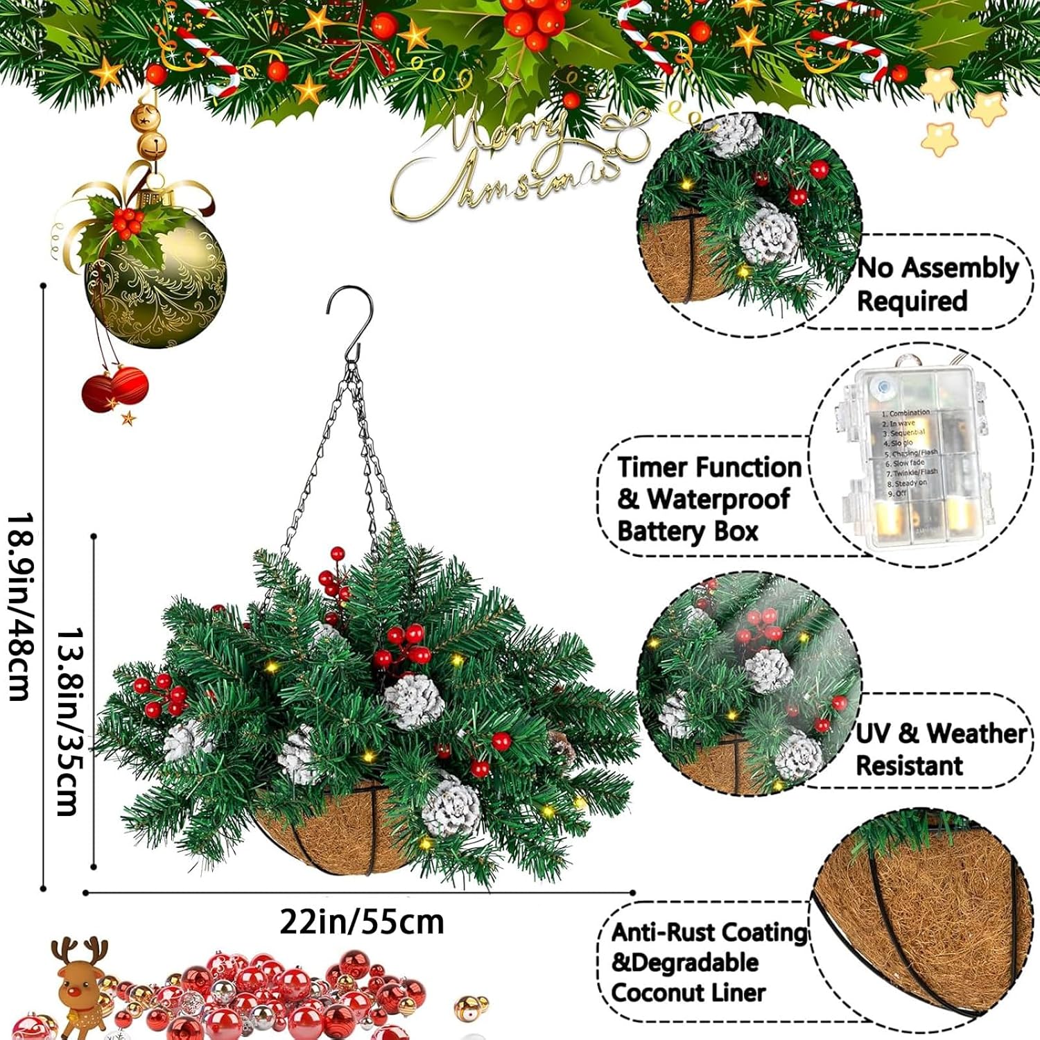 Ciaell 22inch Artificial Christmas Hanging Basket with LED Lights and Pine Cones Berries