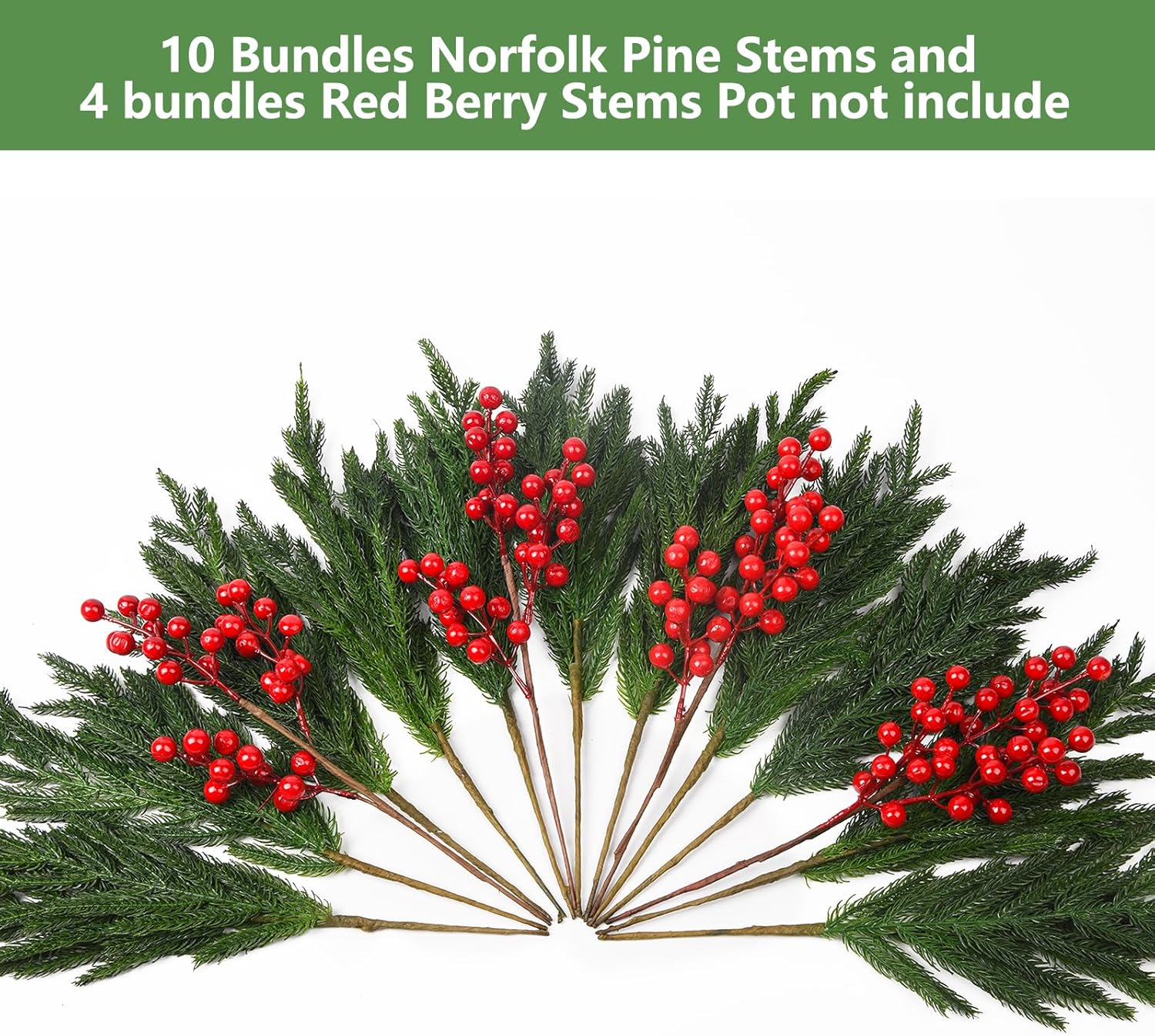 10 Pcs Christmas Norfolk Pine Stems with Red Berries for Decor