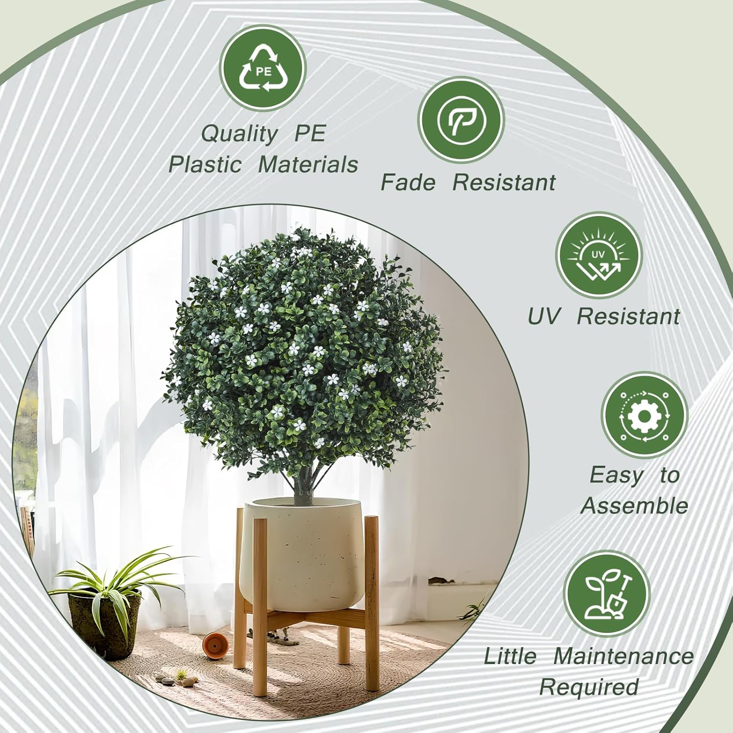 Artificial Boxwood Topiary with White Flowers Set of 2 UV Resistant Outdoor Decor