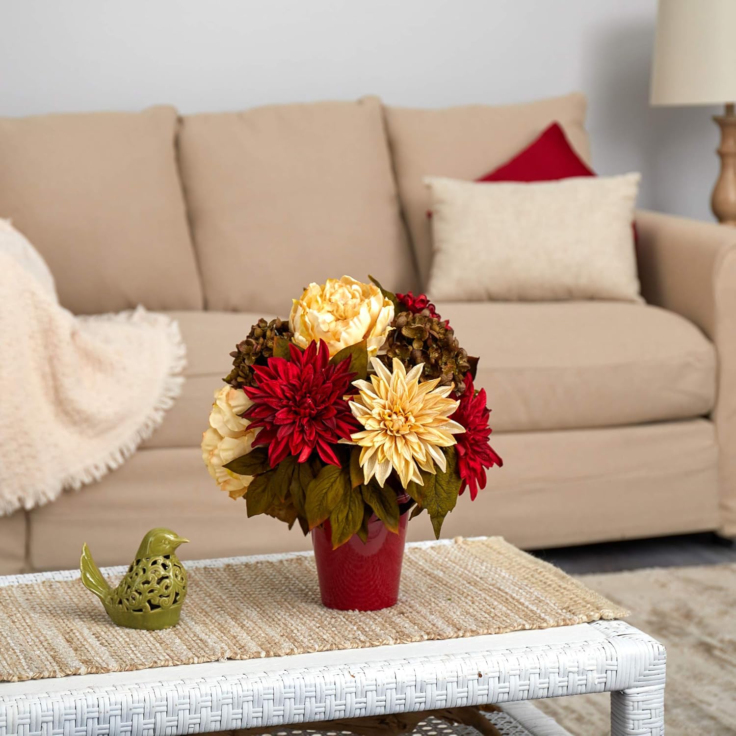 Nearly Natural 14in Artificial Flower Arrangement in Burgundy Vase