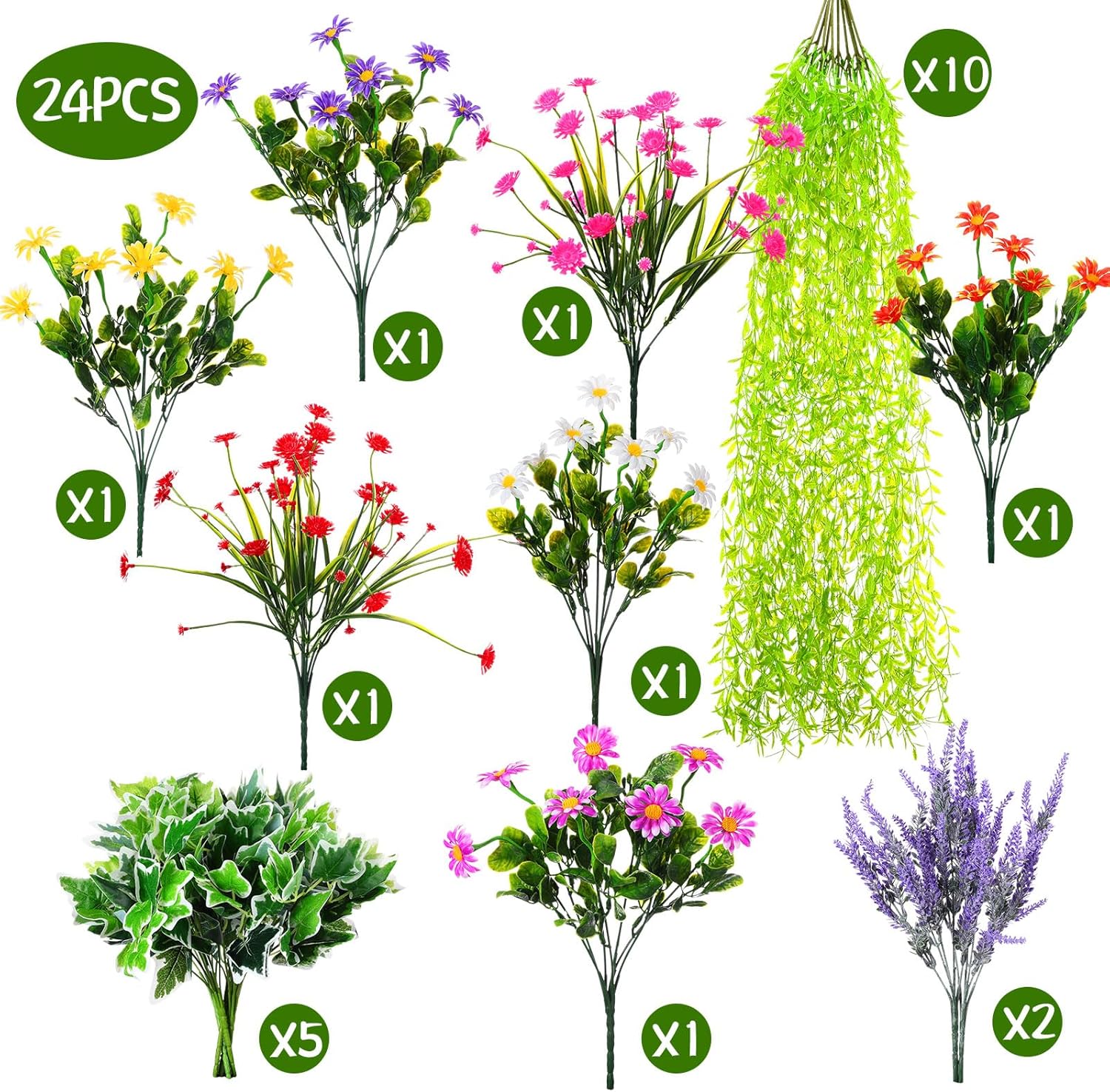 24 Pcs UV Resistant Artificial Plants for Outdoor Decor