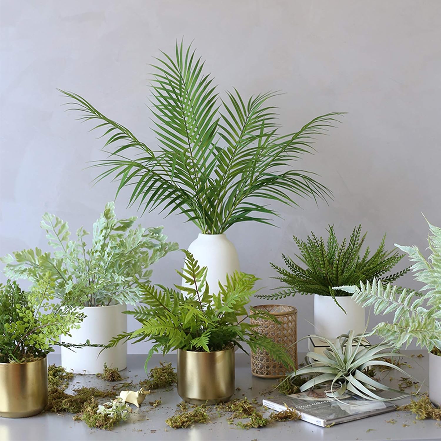 Fake Plants Mini Artificial Potted Ferns in Golden Pots for Home Decor