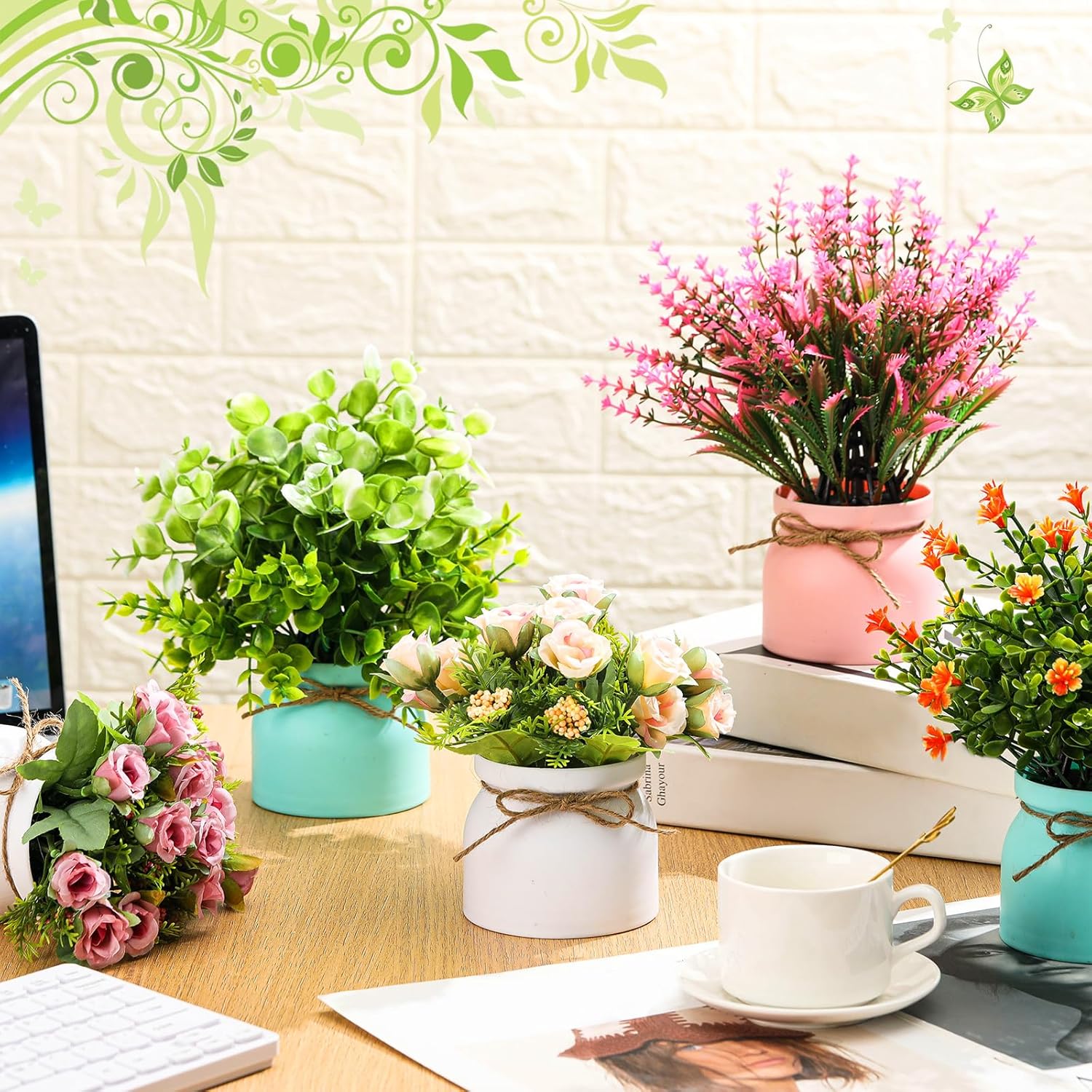 9 Pcs Artificial Pot Flowers with Vase Table Decor