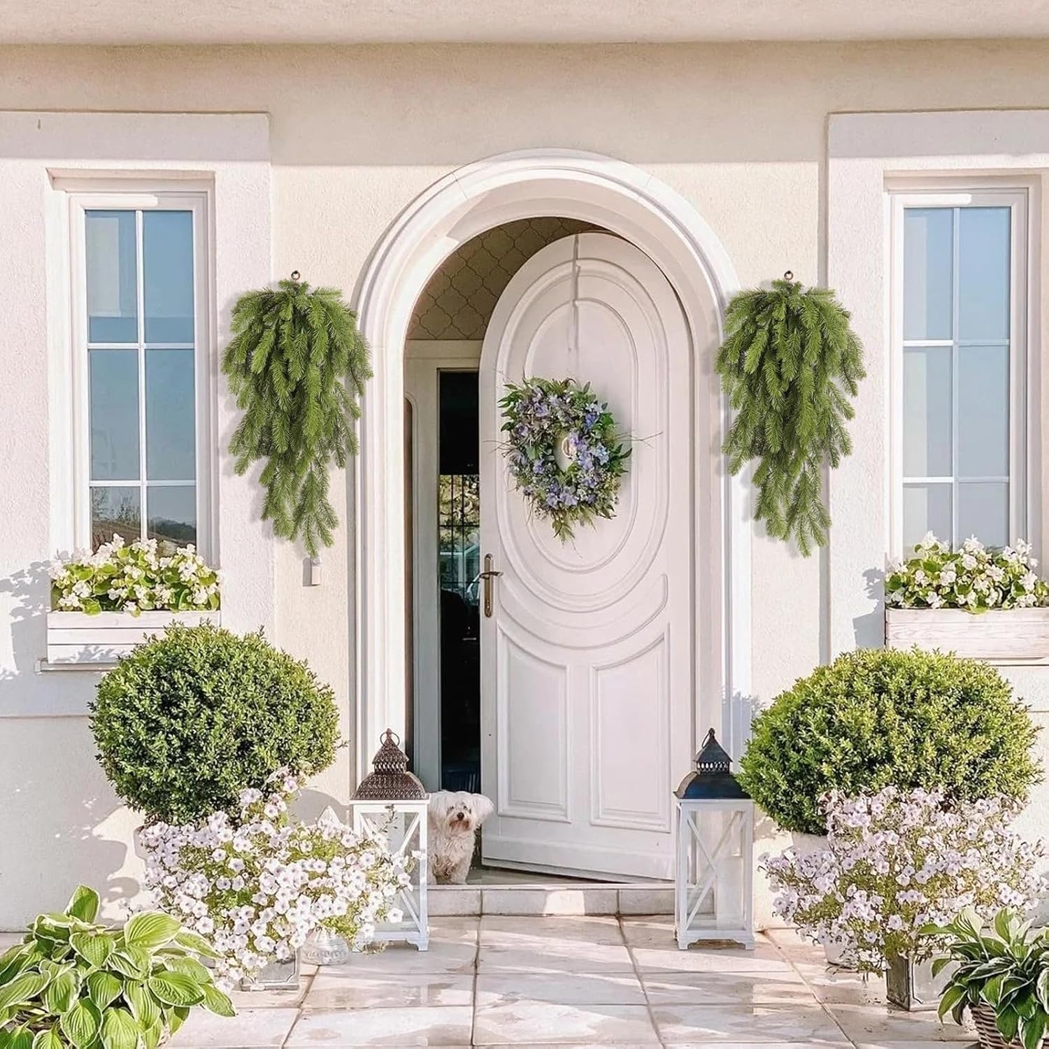 RECUTMS 2Pcs Artificial Christmas Teardrop Pine Needle Hanging Swag for Front Door Wall Home Decor