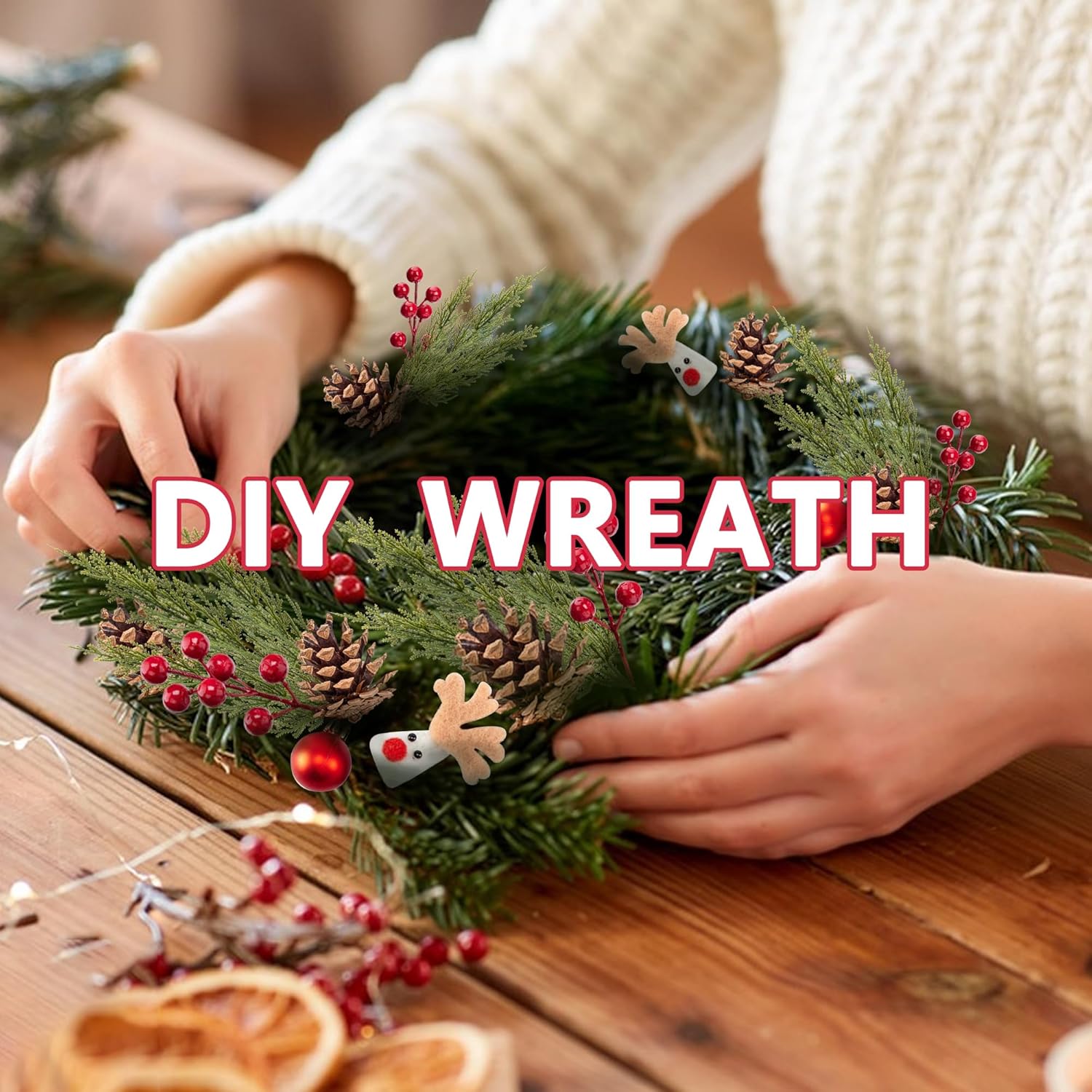 60 Pcs Set Artificial Pine Branches with Red Berries for Christmas