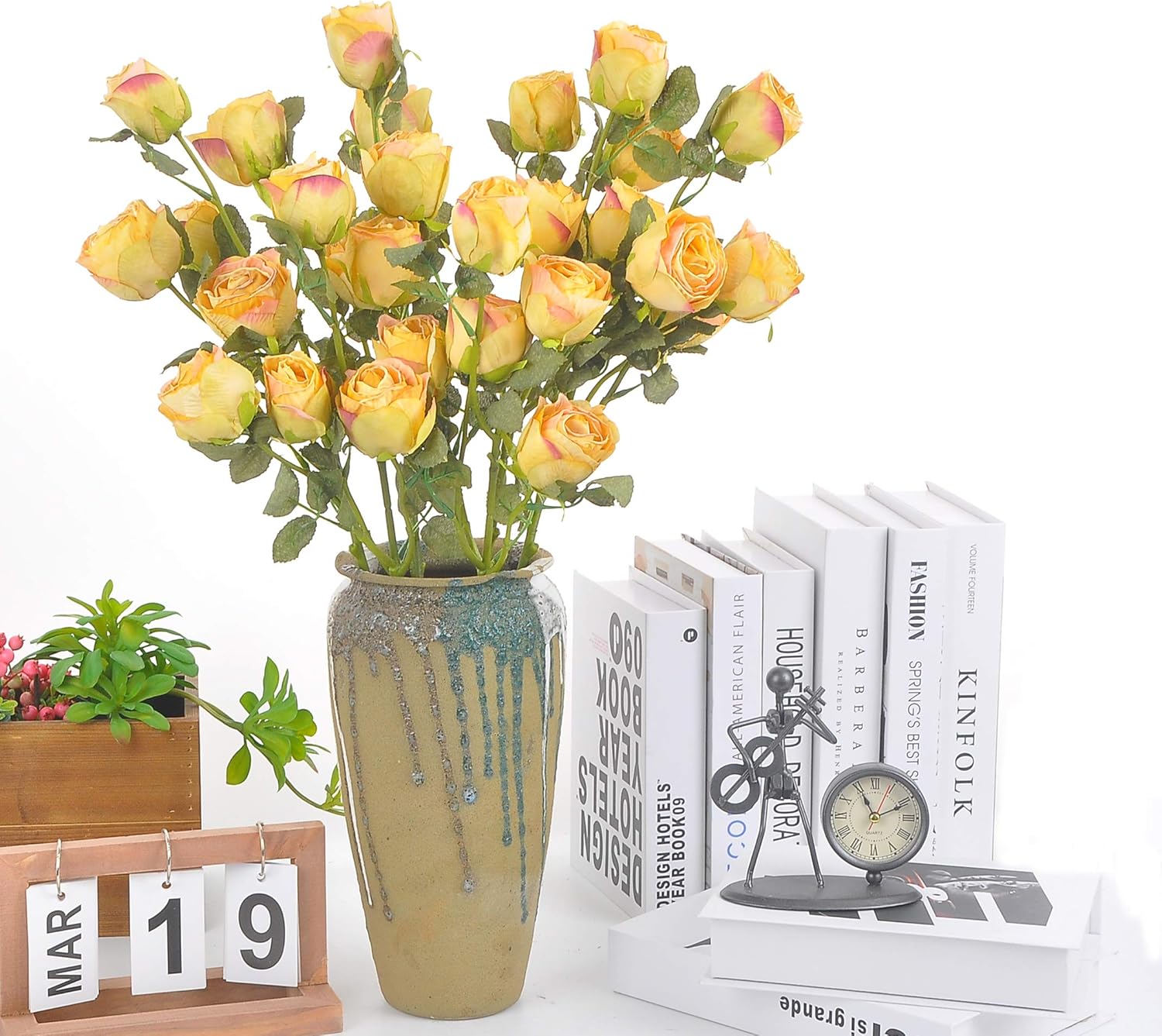 Dried Flower Artificial Rose 6pcs 24 Inch Long Stem Wedding Decor Set Yellow