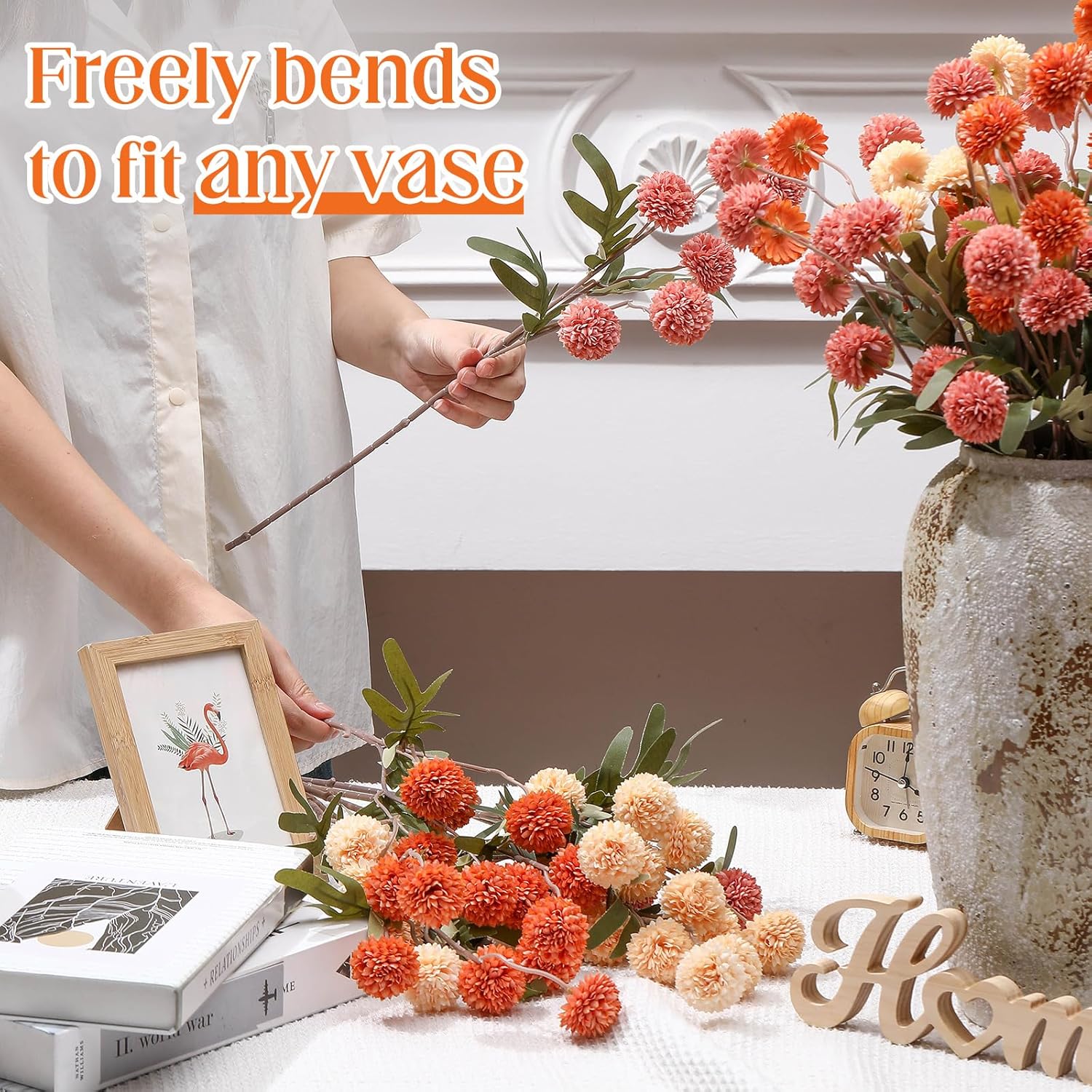 20 Pack Mixed Orange Faux Flowers Pompon Mums Bulk