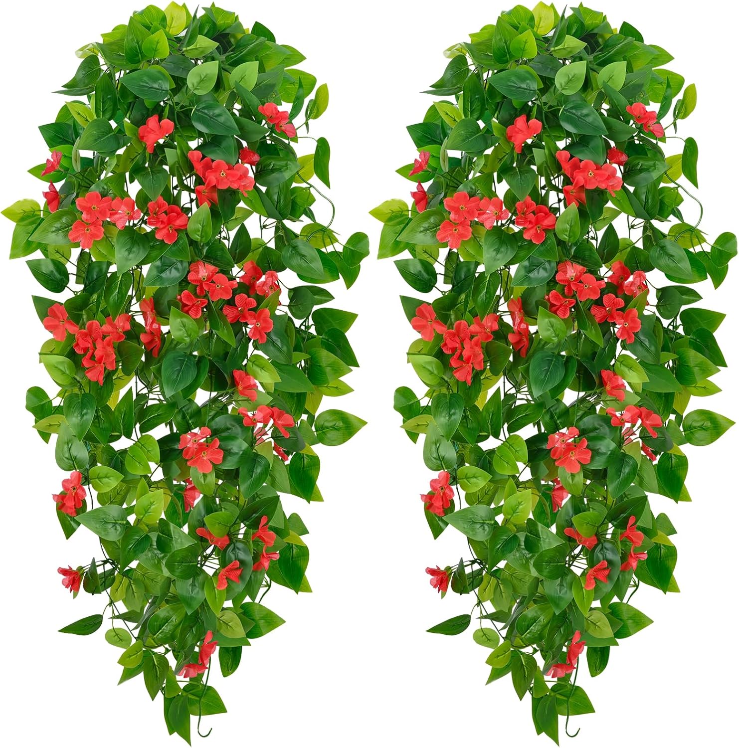 BLEUM CADE 2pcs Fake Hanging Pothos Vines with Red Flowers for Wall Decor