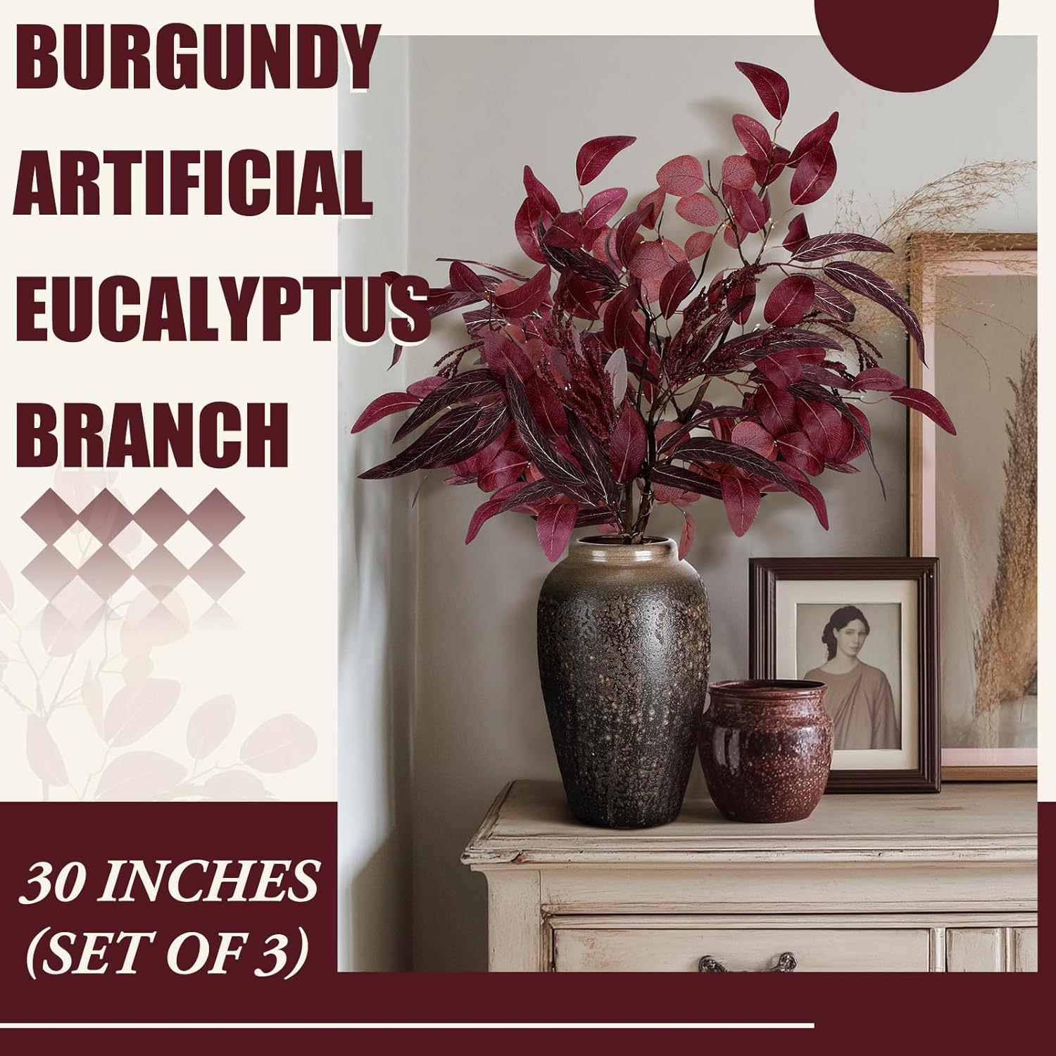 3 Pcs 30 Inch Burgundy Artificial Eucalyptus Stems for Fall Decor