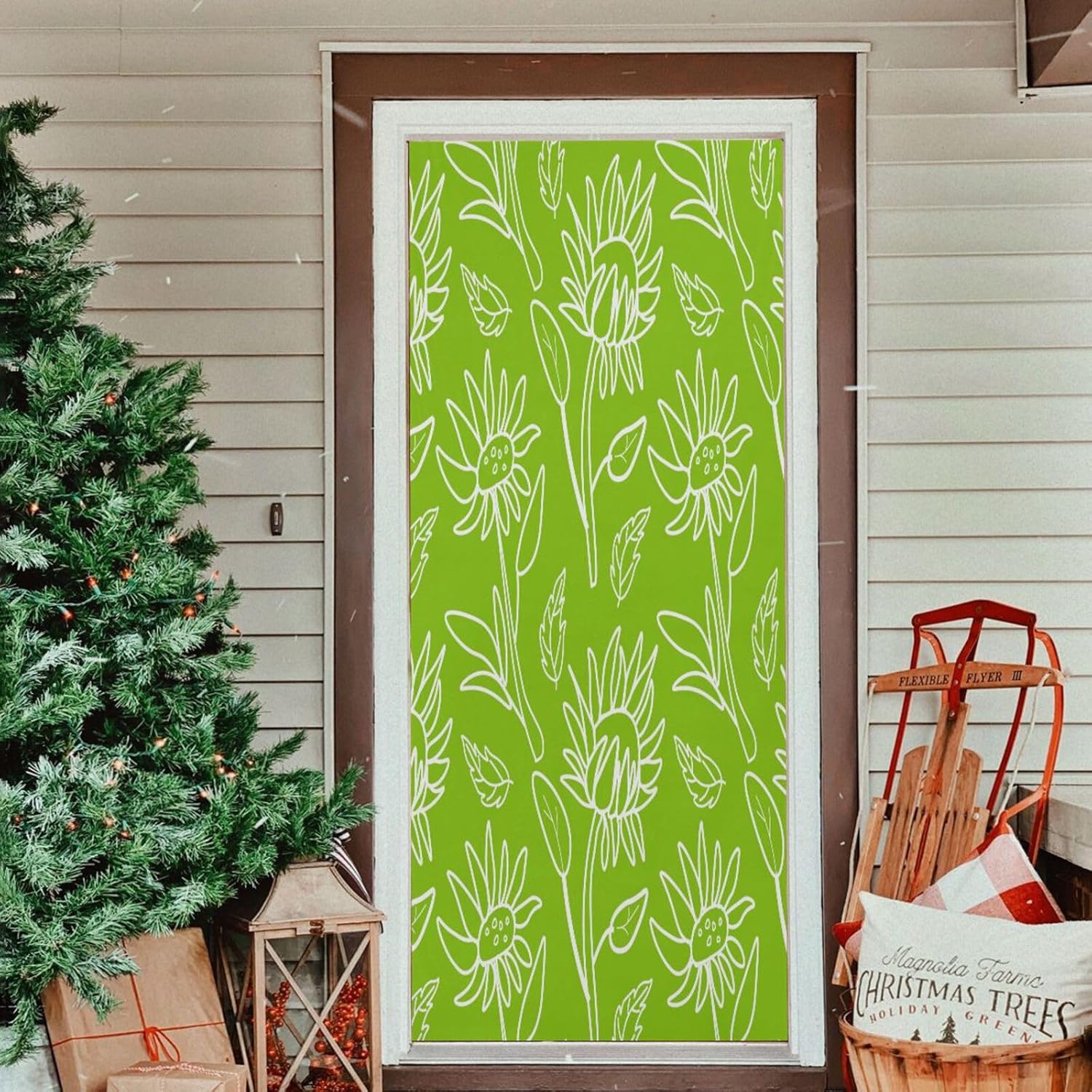 Susiyo Stretchable White Flowers Door Cover for Front Door Home Decor 35x79 Inch