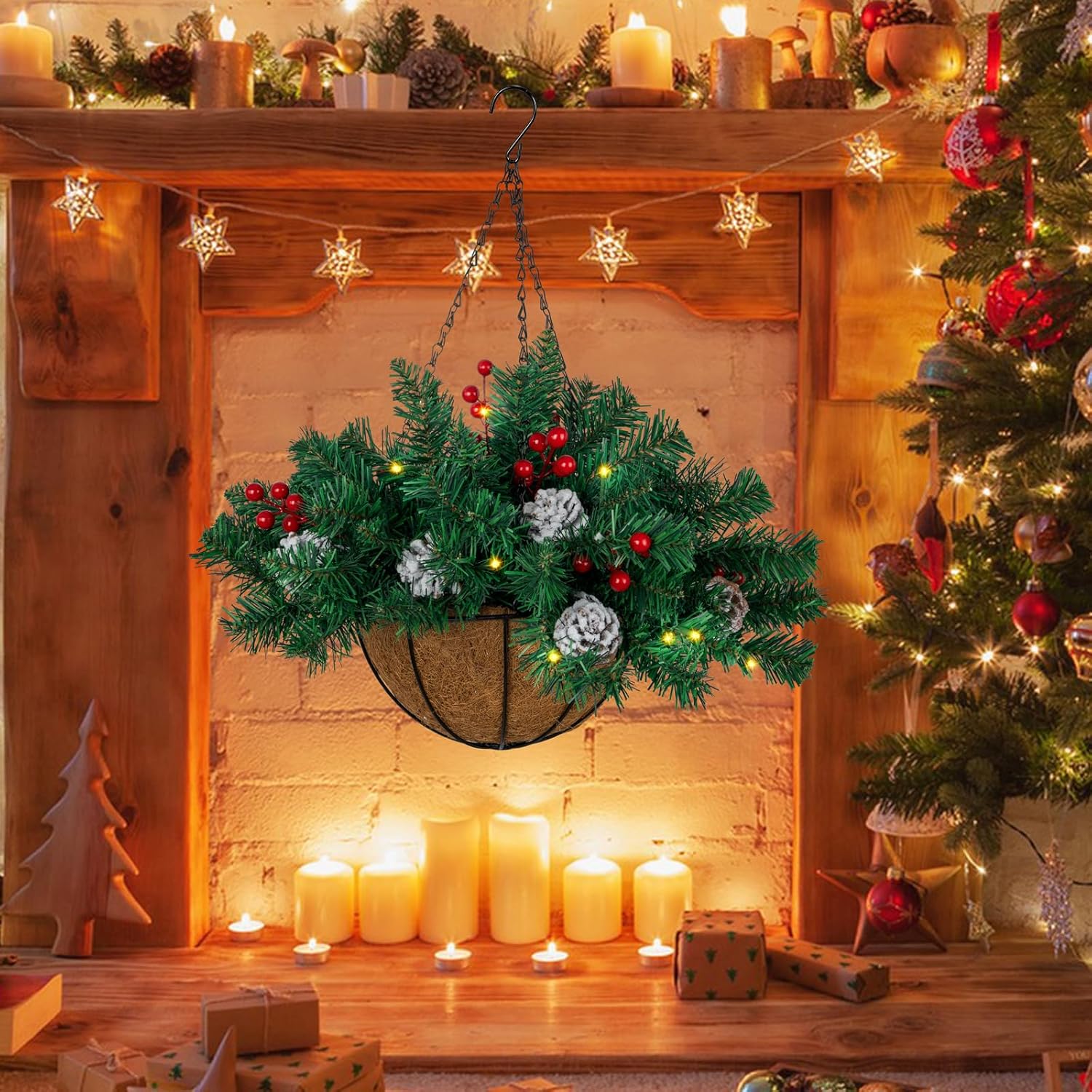 Ciaell 22inch Artificial Christmas Hanging Basket with LED Lights and Pine Cones Berries