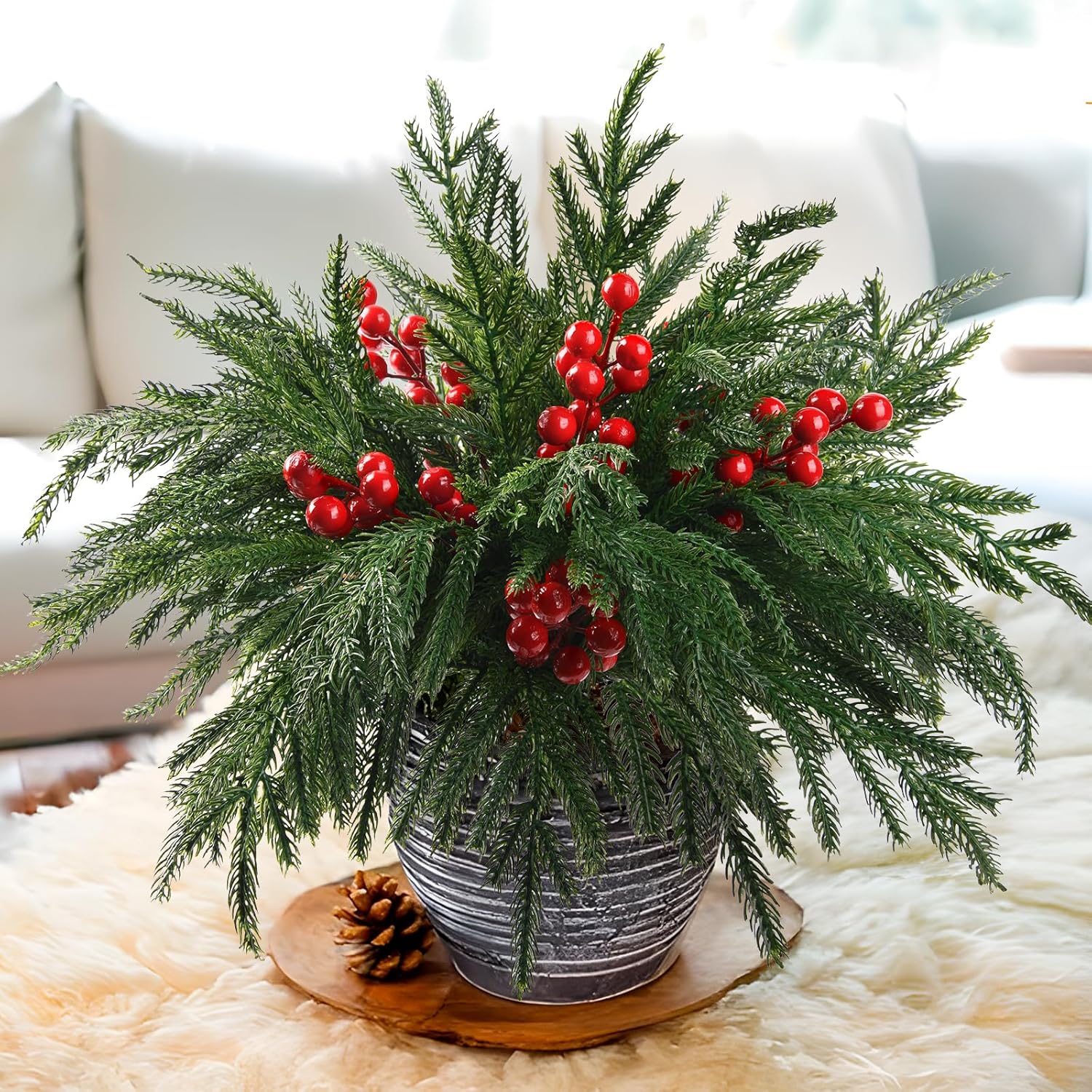 10 Pcs Christmas Norfolk Pine Stems with Red Berries for Decor