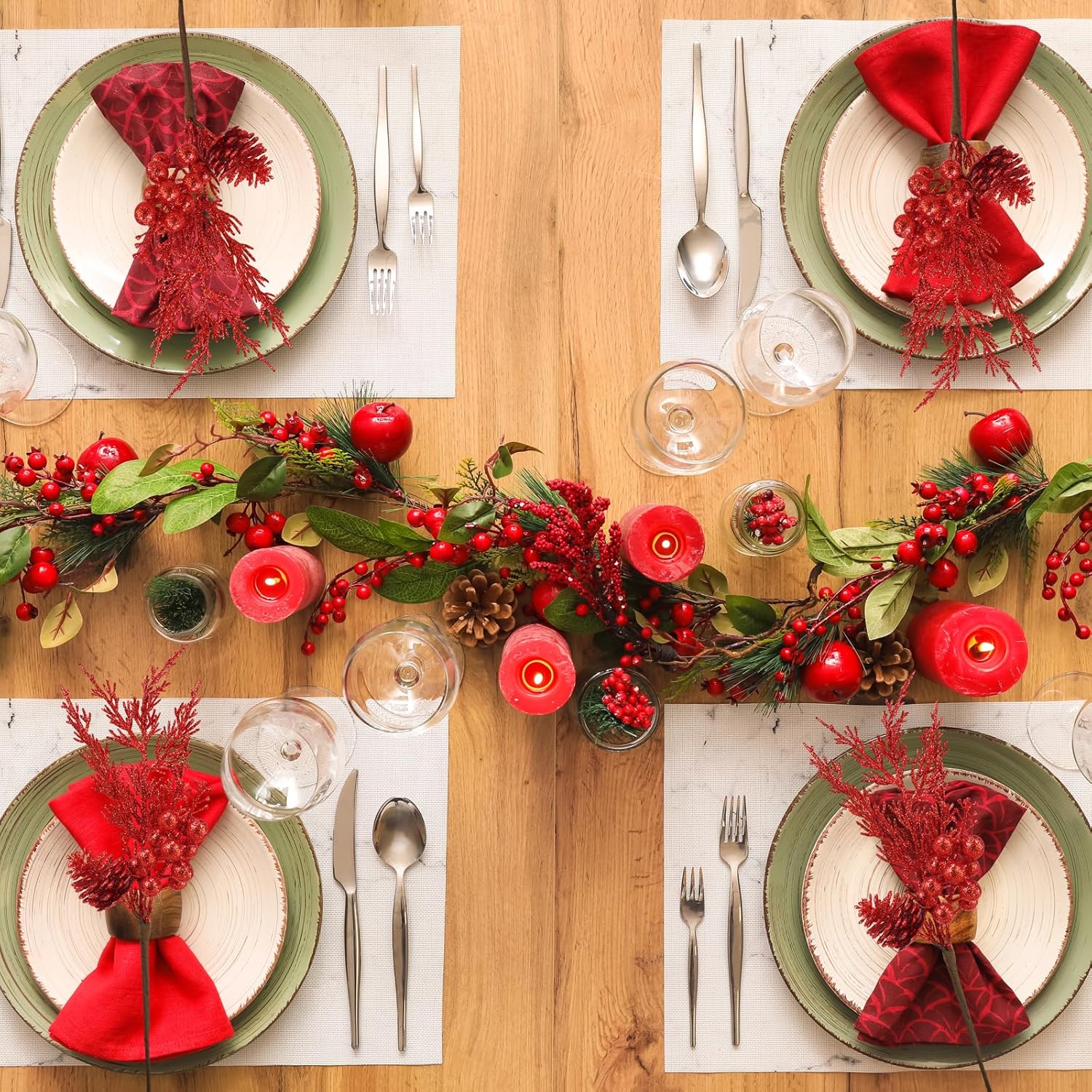 Winlyn 12 Pcs Red Glitter Artificial Pine Branches with Pinecone and Berries for Christmas Decor