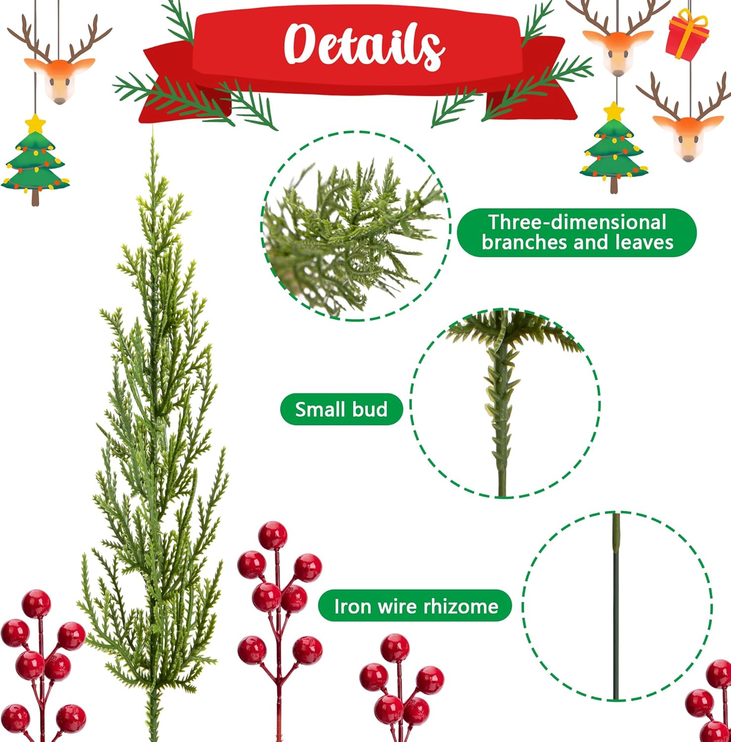 60 Pcs Set Artificial Pine Branches with Red Berries for Christmas