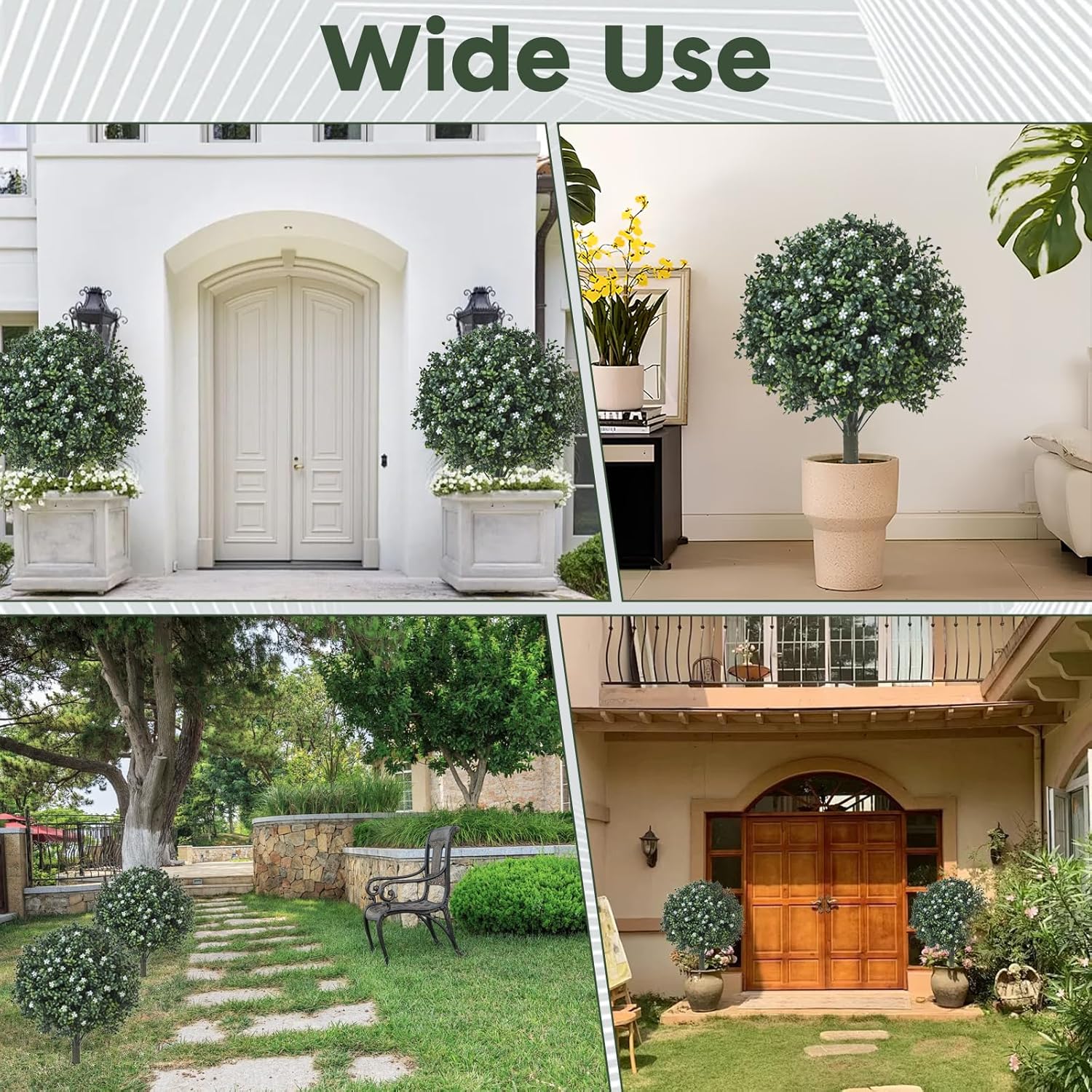 Artificial Boxwood Topiary with White Flowers Set of 2 UV Resistant Outdoor Decor