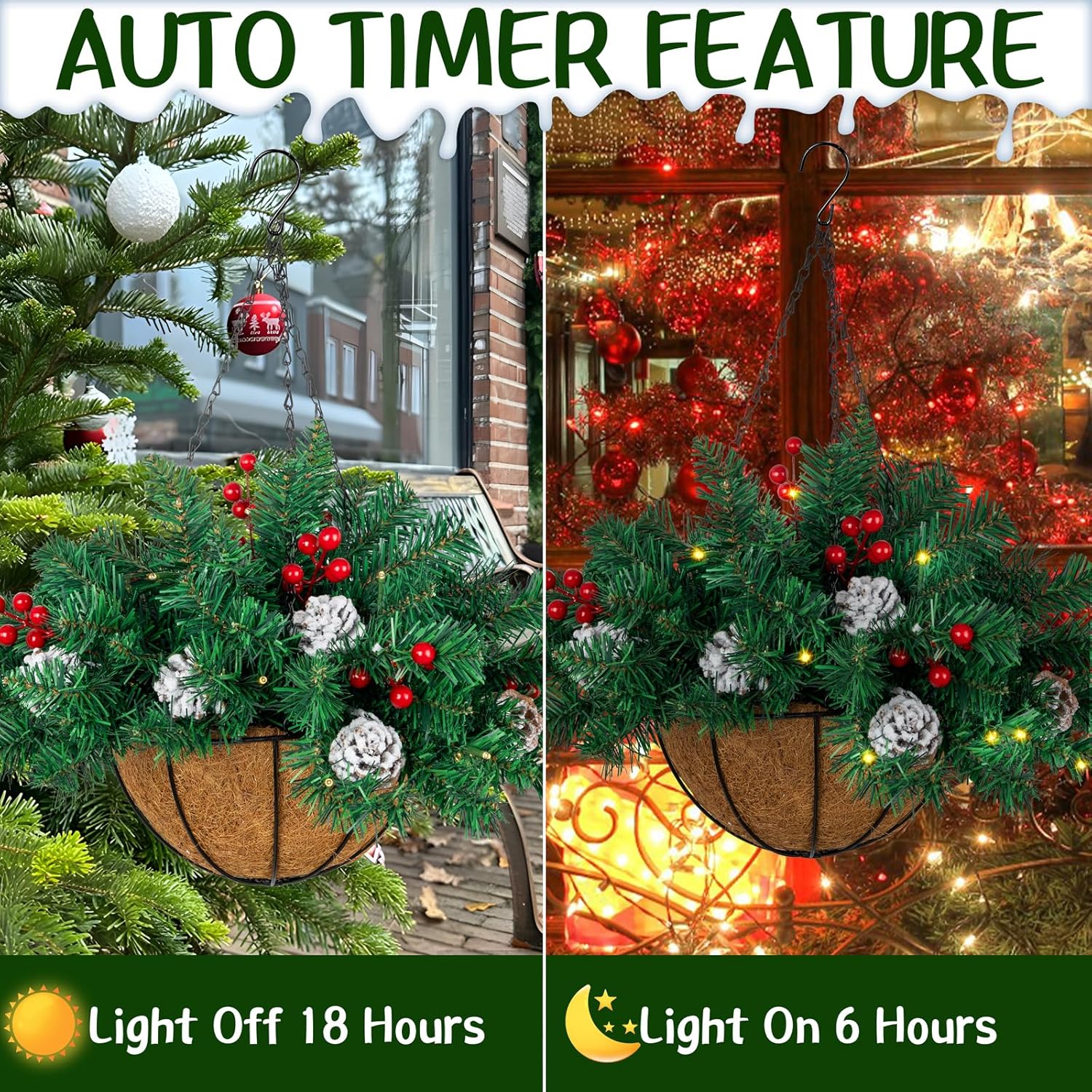 Ciaell 22inch Artificial Christmas Hanging Basket with LED Lights and Pine Cones Berries