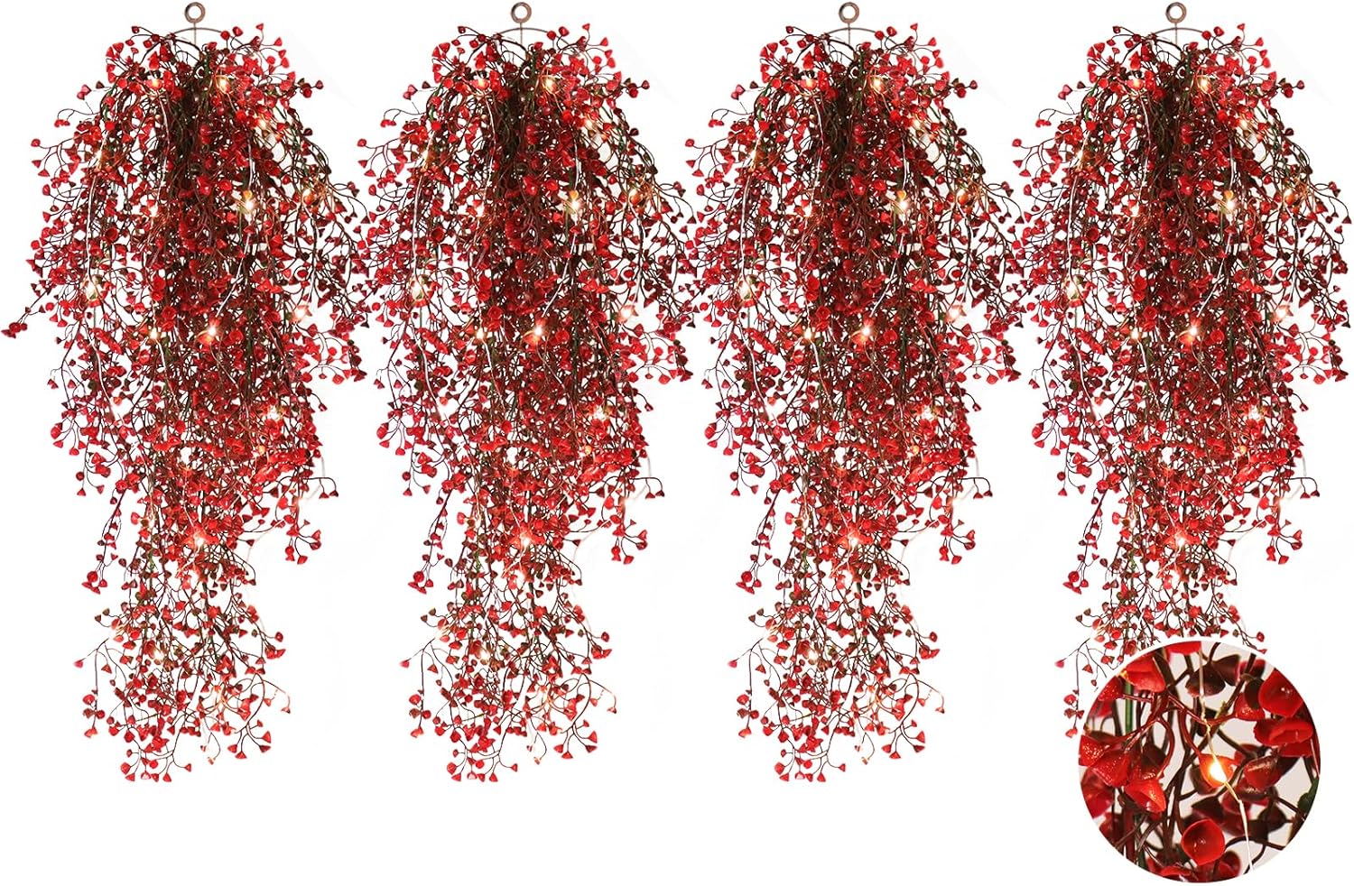 RECUTMS Artificial Hanging Fern Lighted with 30 LED Fake Ivy Vines for Home Decor Pack of 4 Red