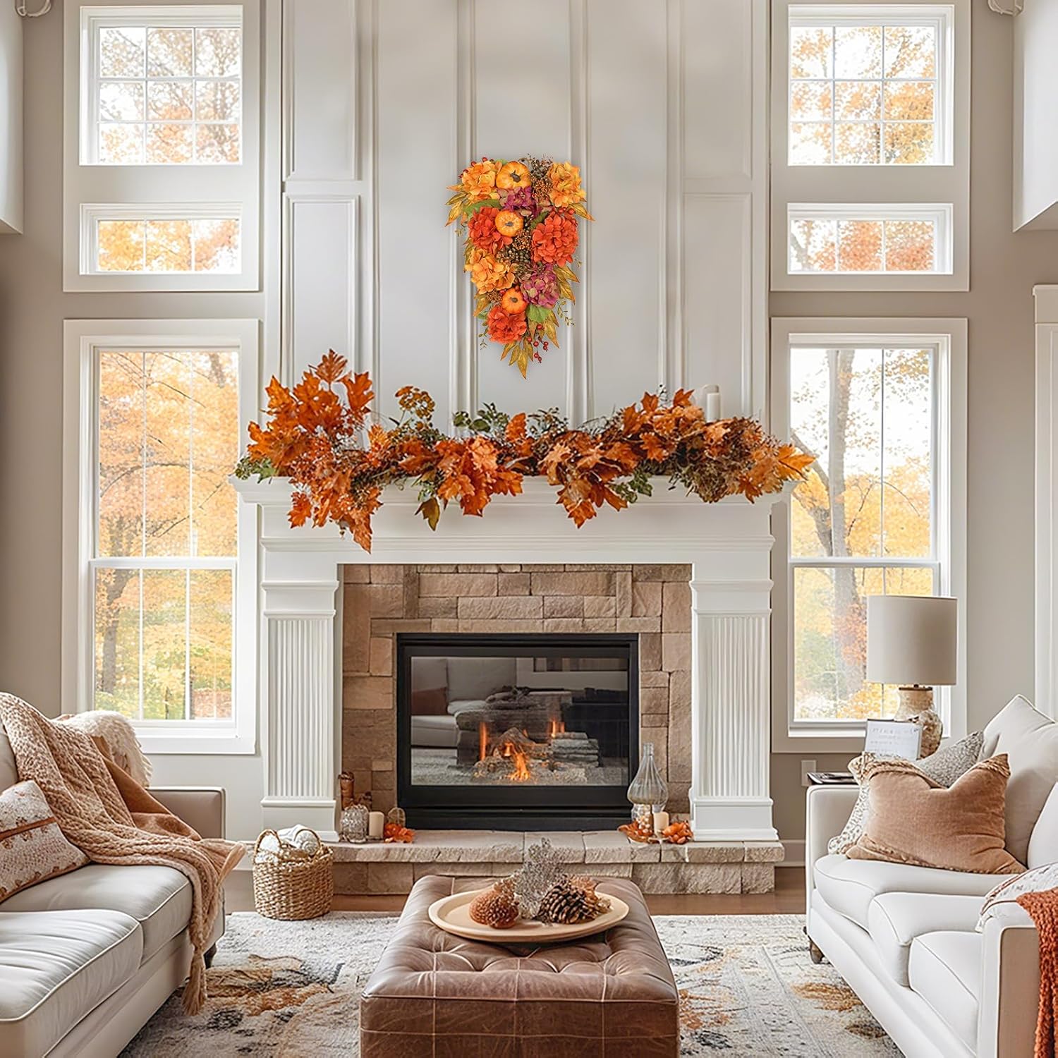 Artificial Teardrop Swag with Fake Hydrangeas and Pumpkins Fall Decor