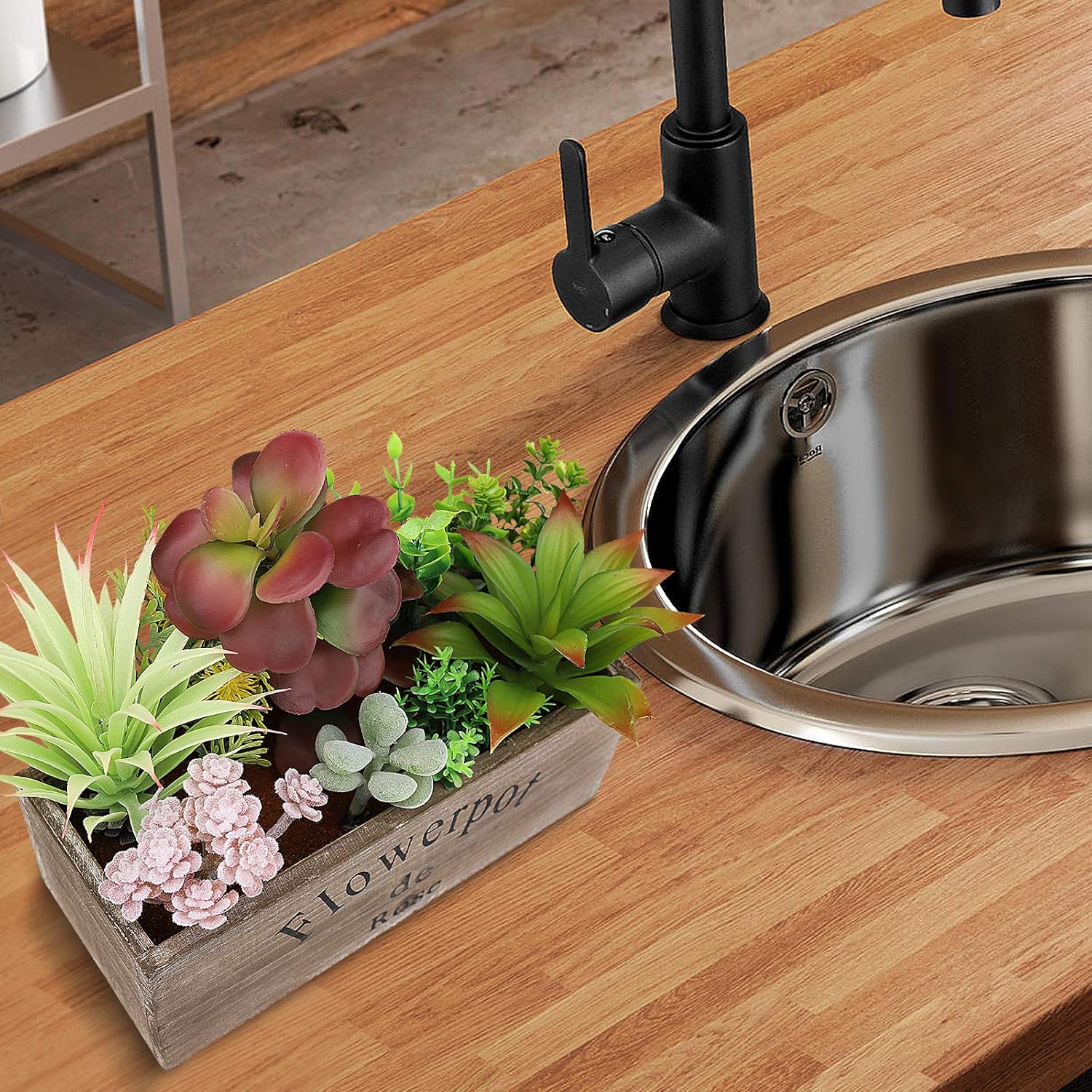 Hopewood Artificial Succulent Plants in Wooden Planter Box