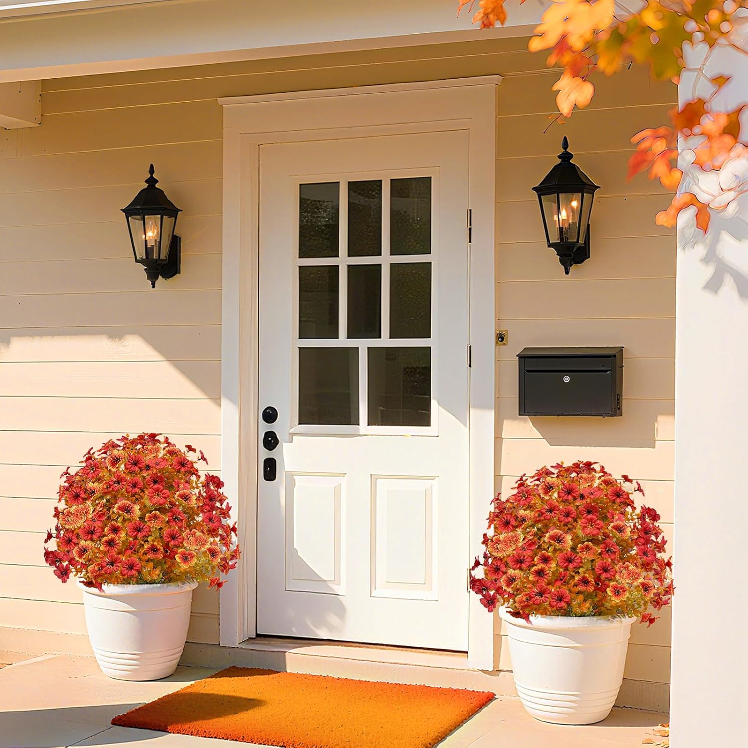 2 Pack Artificial Boxwood Topiary with Fall Mums Flowers