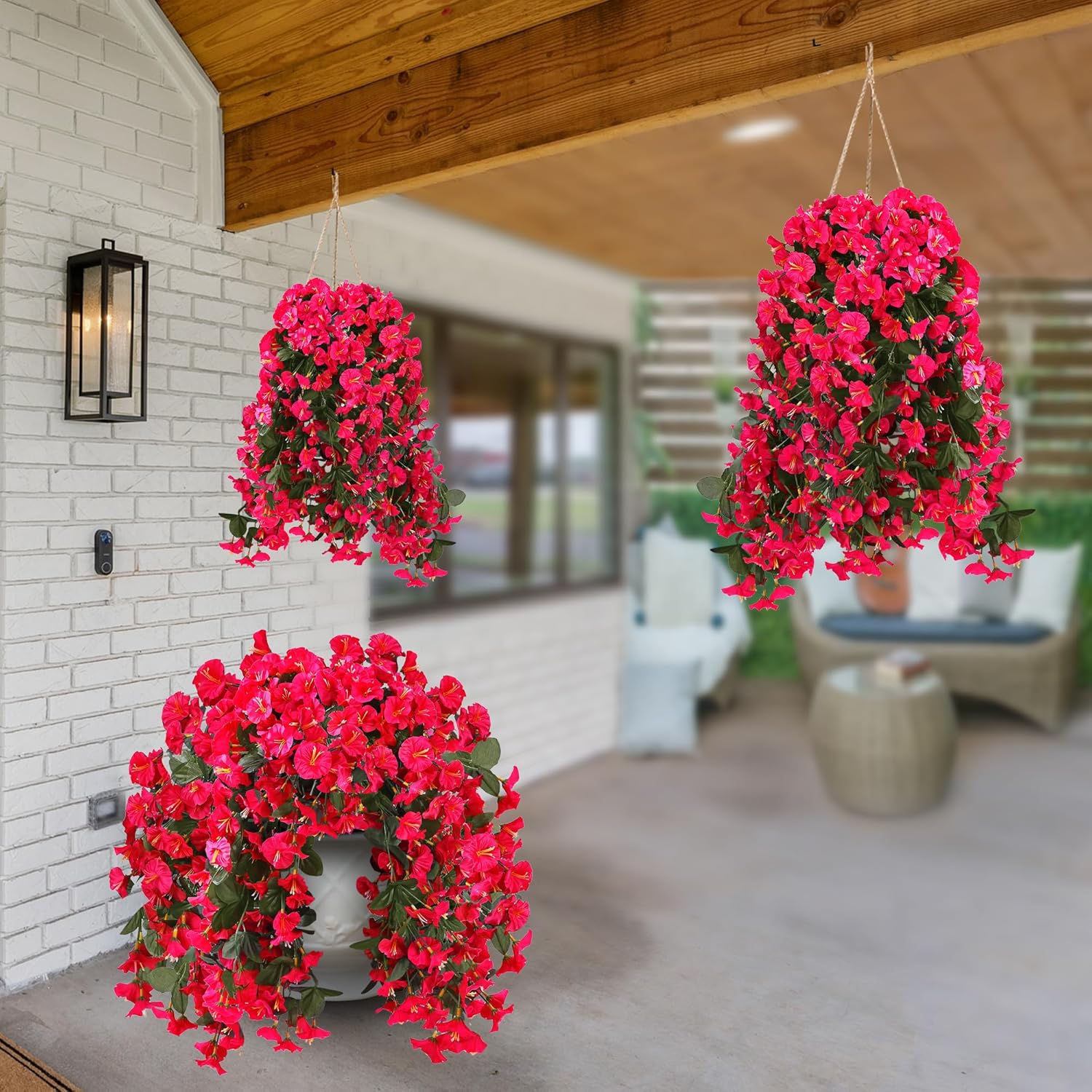 Sggvecsy Artificial Hanging Flowers for Outdoor Spring Summer Decoration 4PCS Rose Red