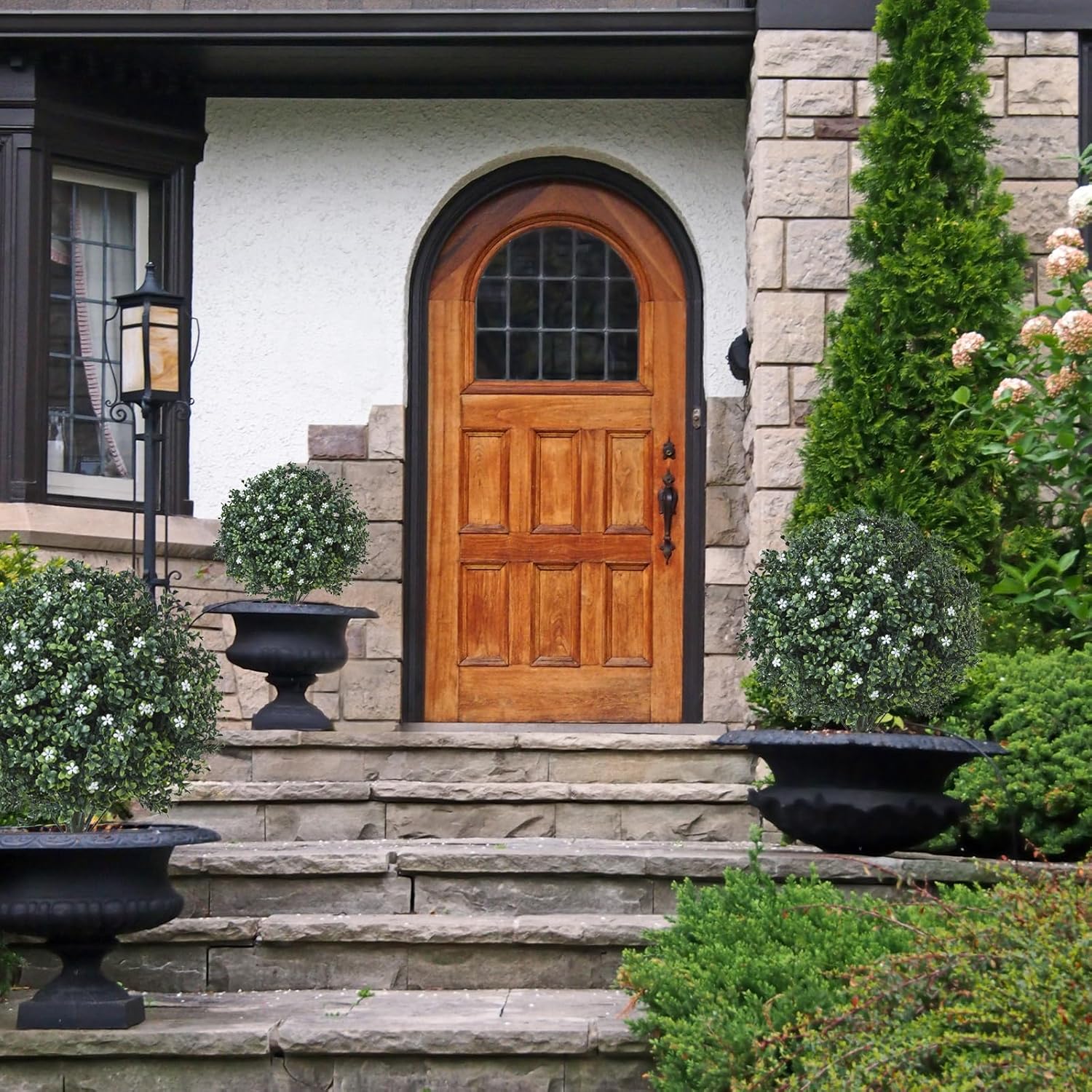 Artificial Boxwood Topiary with White Flowers Set of 2 UV Resistant Outdoor Decor