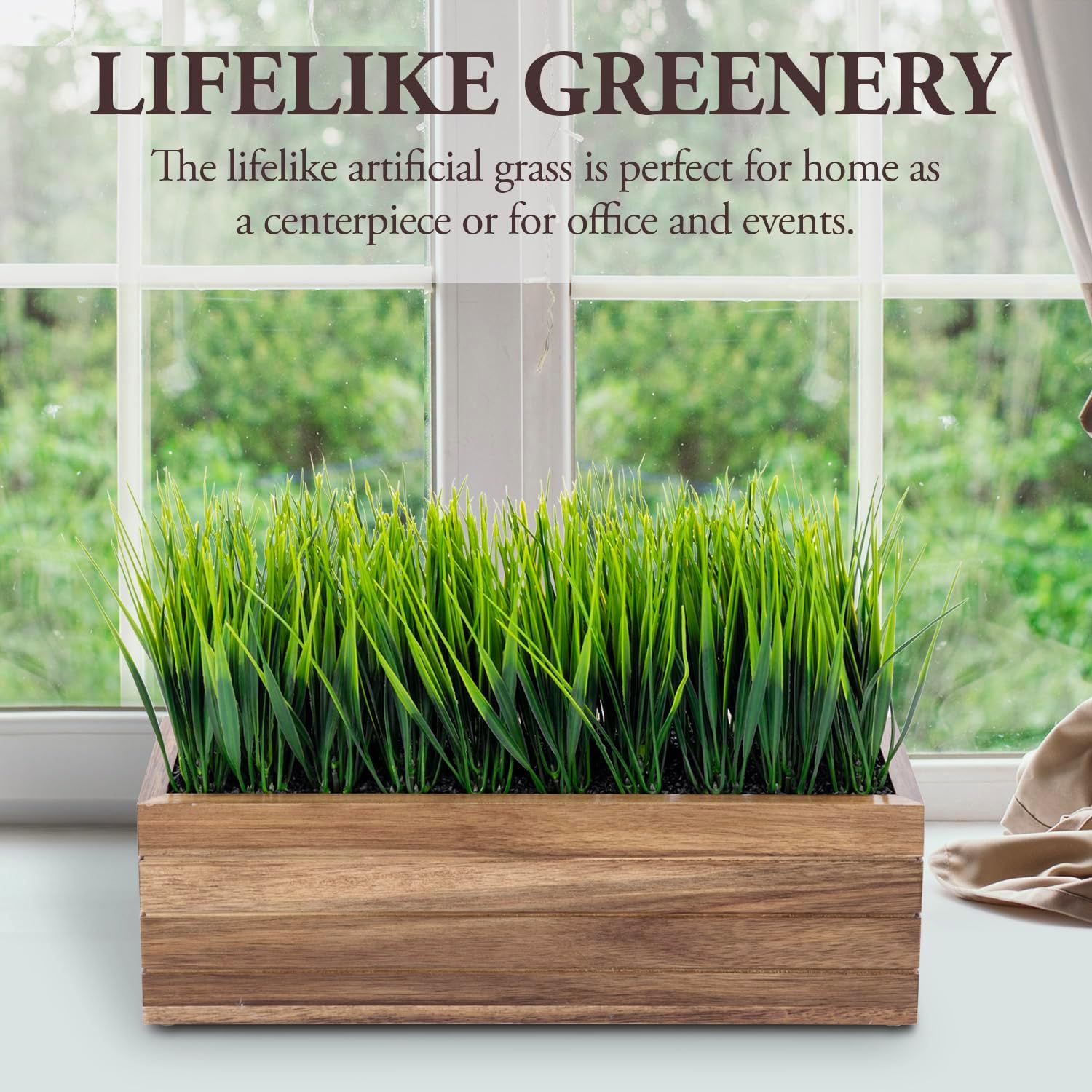 MyGift 14 Inch Artificial Grass in Acacia Wood Planter
