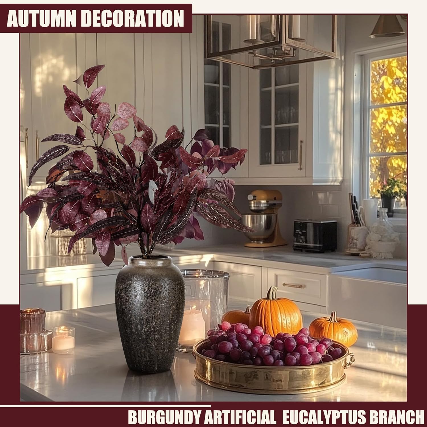 3 Pcs 30 Inch Burgundy Artificial Eucalyptus Stems for Fall Decor