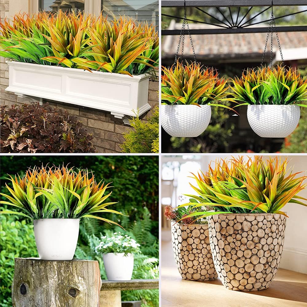 CLONG 4pcs Artificial Fake Grass Plants Plastic Greenery Set Orange Green