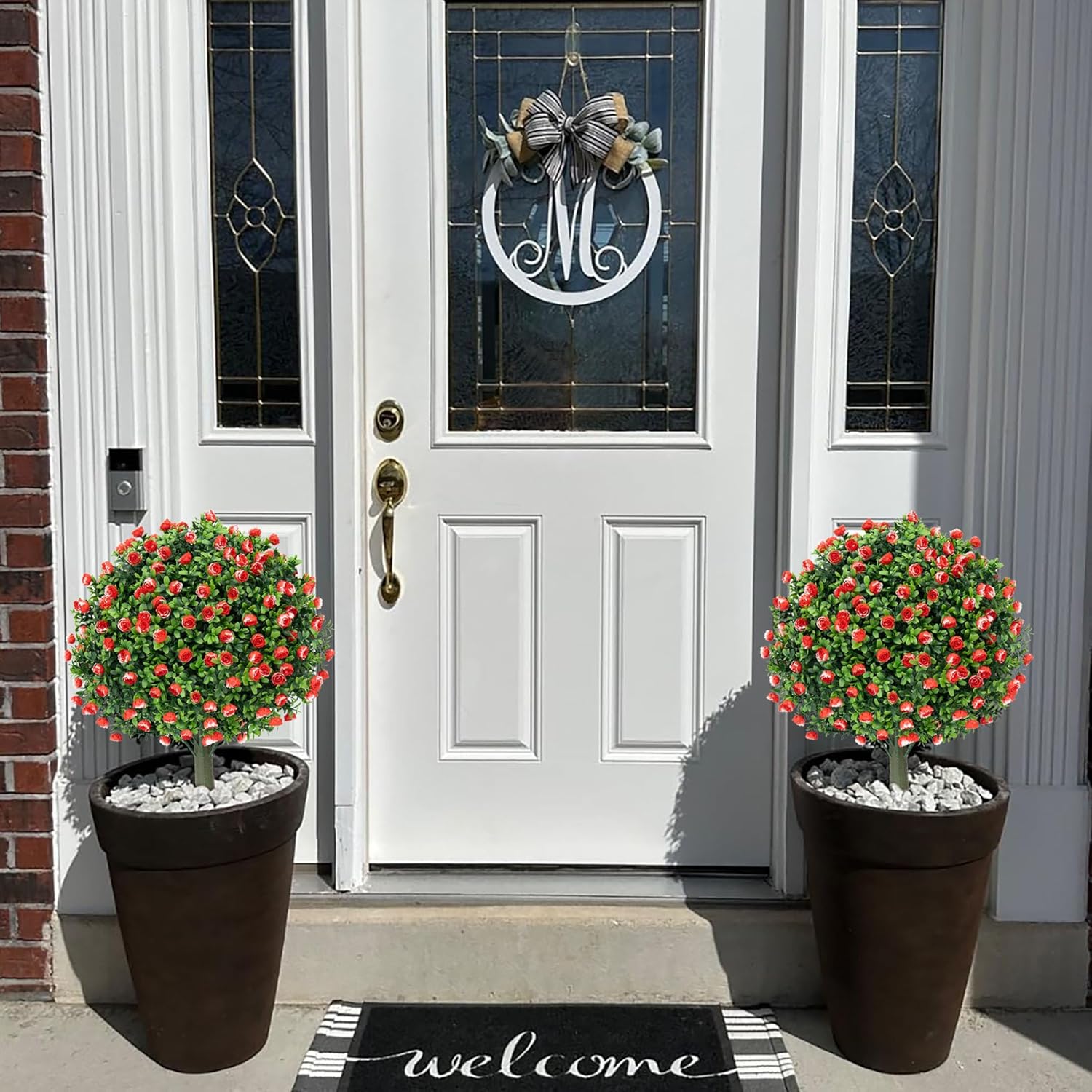 MOOMASS Artificial Rose Topiary Ball Trees Set of 2 24 Inch UV Resistant Fake Evergreen Shrubs with Ground Spike