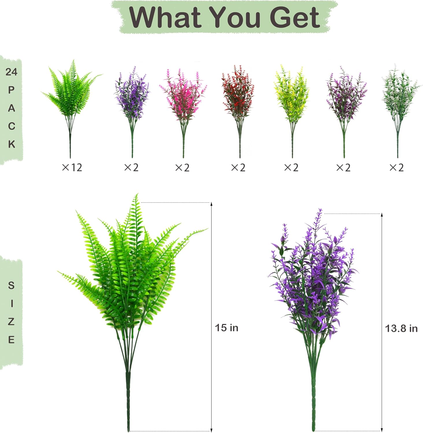 24 Pcs Artificial Greenery Faux Boston Ferns and Lavender Flowers