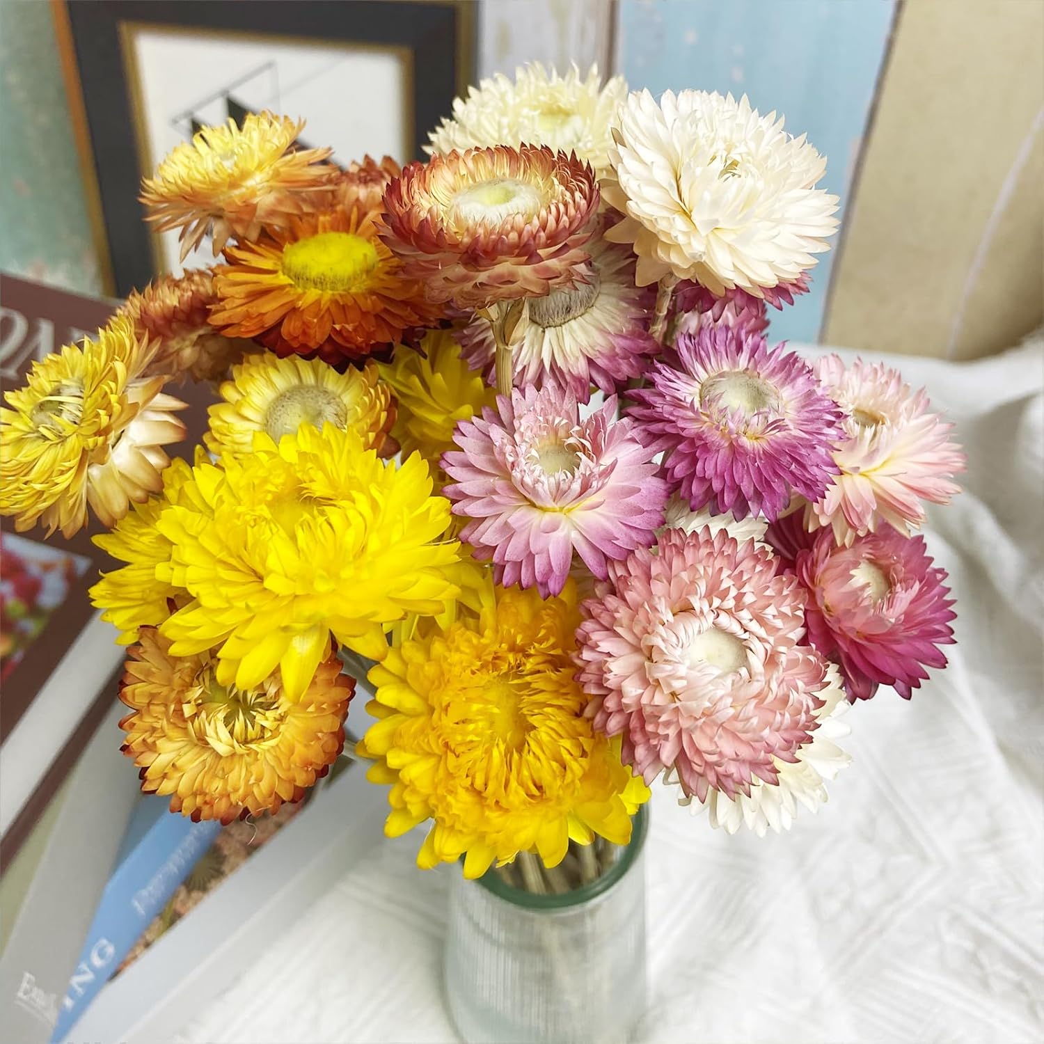 LBREVOGA Dried Flower Bouquets Yellow Champagne 16 Pcs
