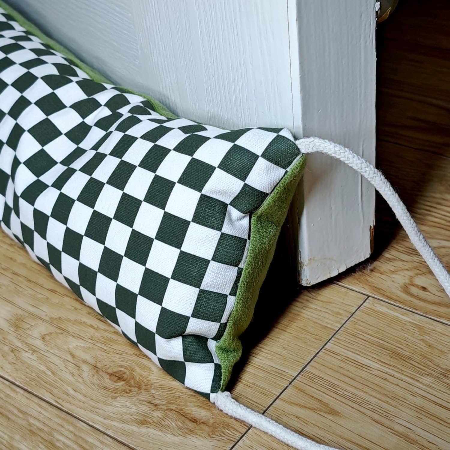 Heavy-Duty Door Draft Stopper with Handle - Green and White Fabric Floor Stopper for Interior and Exterior Doors