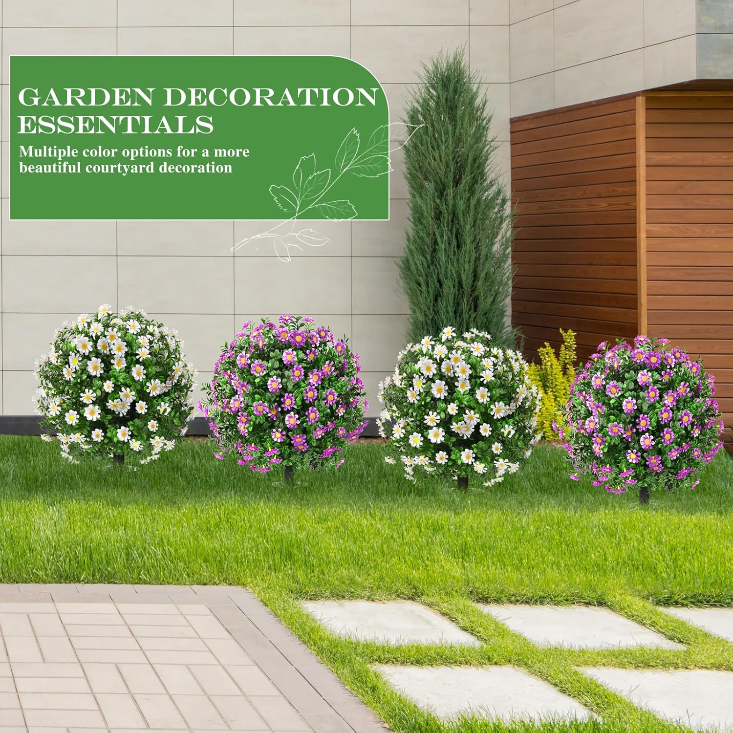 23 Inch Set of 2 Artificial Boxwood Topiary with Sunflowers and Spikes for Outdoor Decor