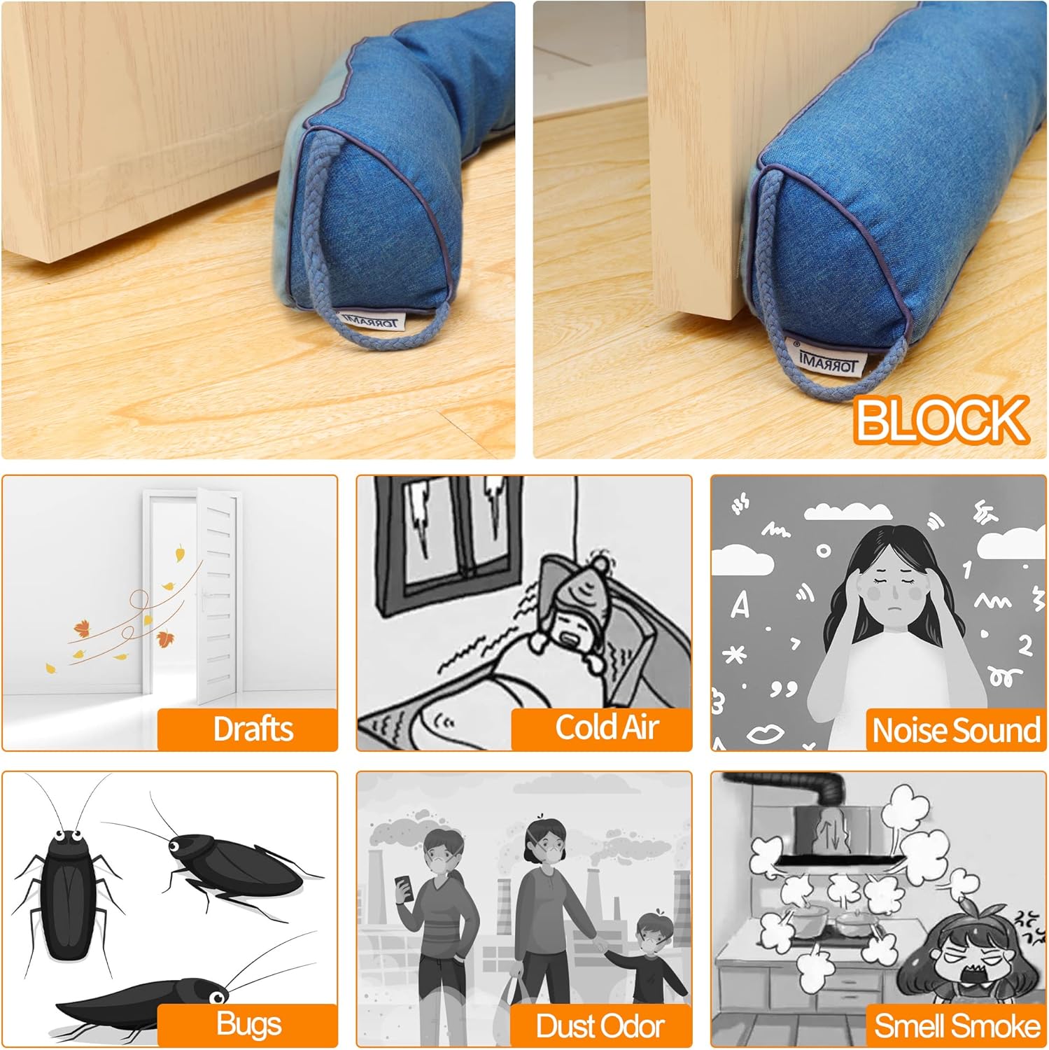 TORRAMI 32 Inch Door Draft Stopper Blue Triangle