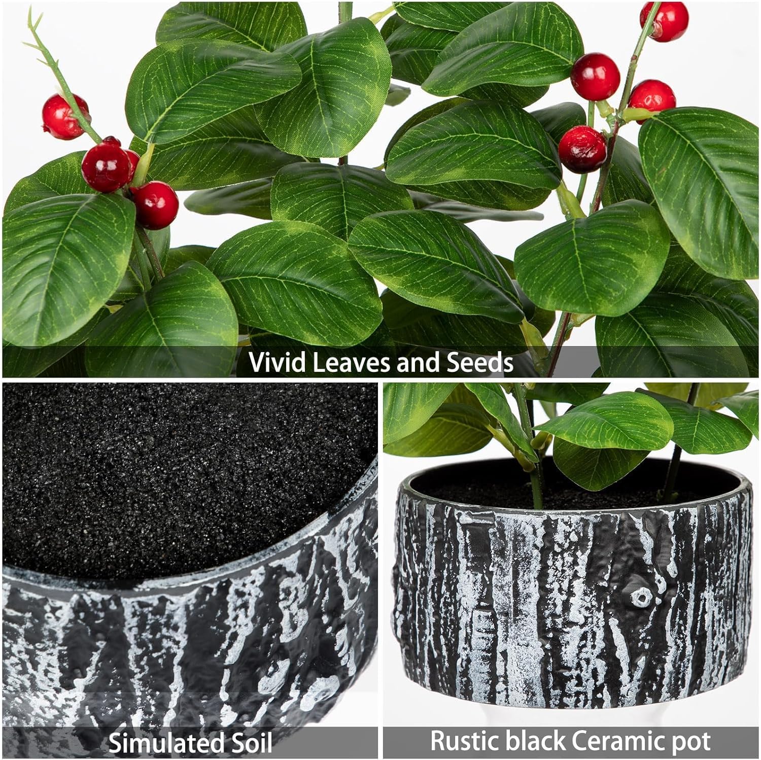 Artificial Ficus Plant with Red Seeds Rustic Black Ceramic Pot 14 Inch
