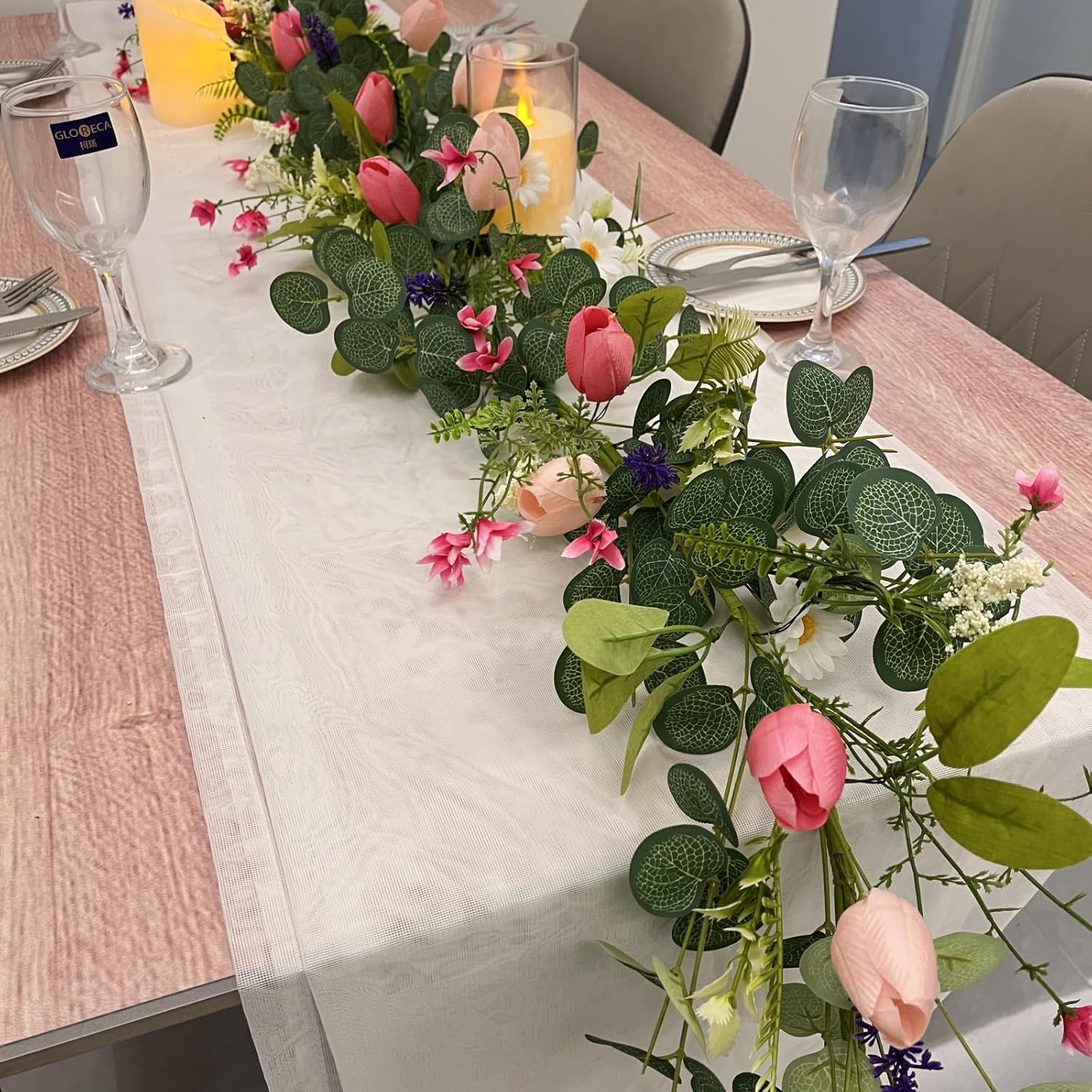 Spring Tulip Garland with Eucalyptus Wildflowers Artificial Wreath for Mantle Porch Summer Decor