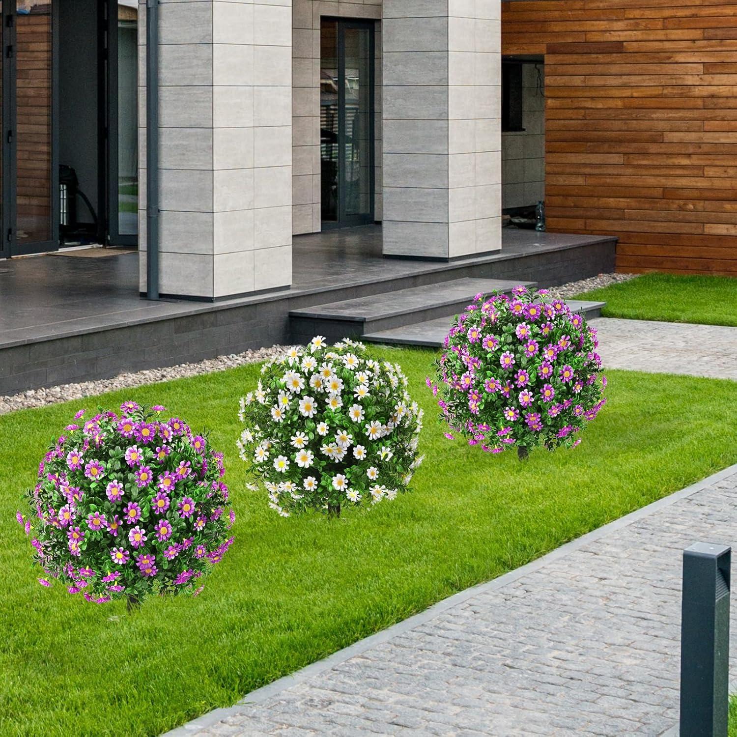 23 Inch Set of 2 Artificial Boxwood Topiary with Sunflowers and Spikes for Outdoor Decor