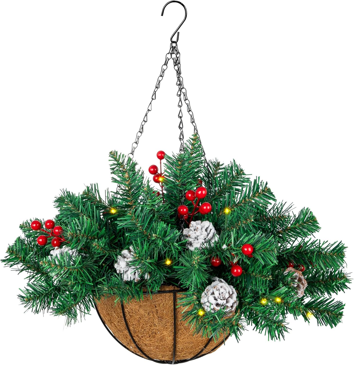 Ciaell 22inch Artificial Christmas Hanging Basket with LED Lights and Pine Cones Berries