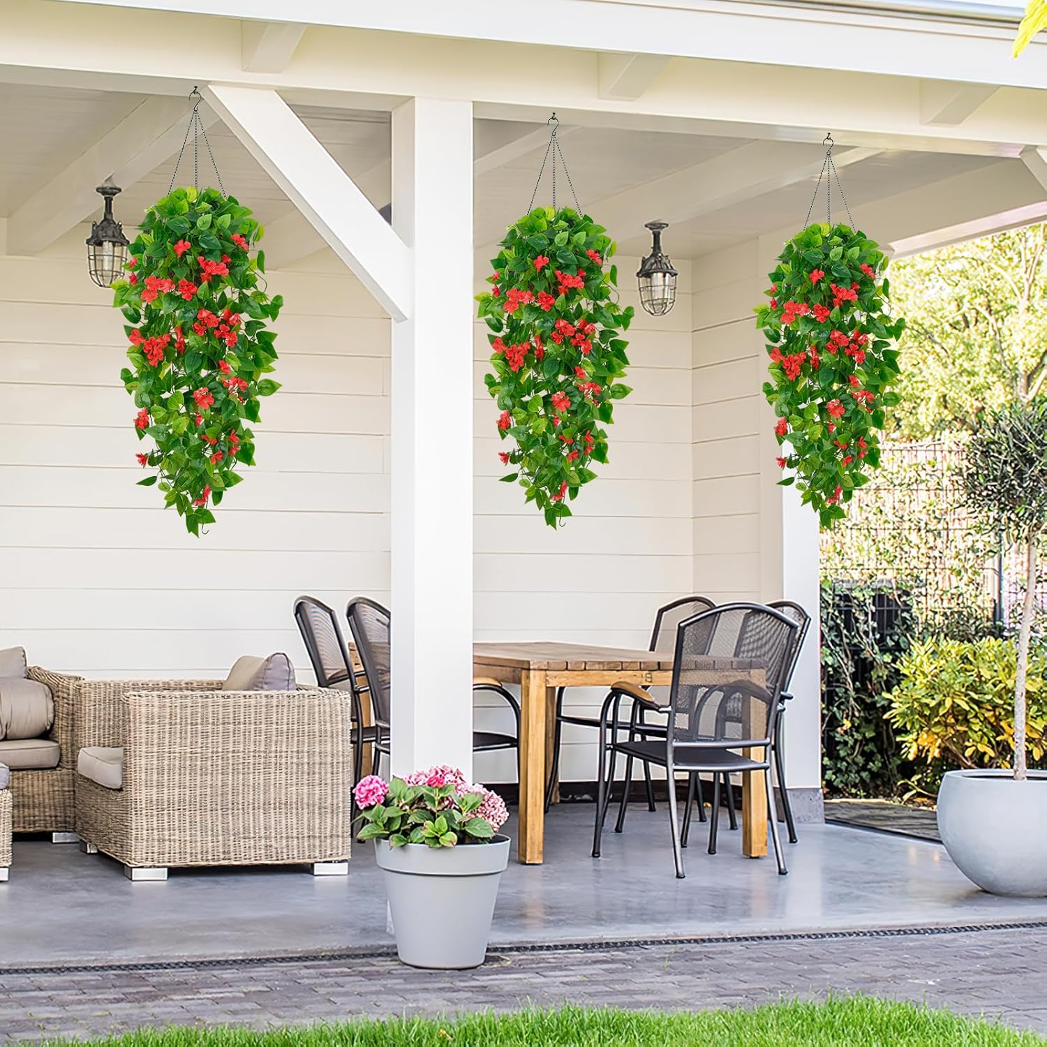 BLEUM CADE 2pcs Fake Hanging Pothos Vines with Red Flowers for Wall Decor