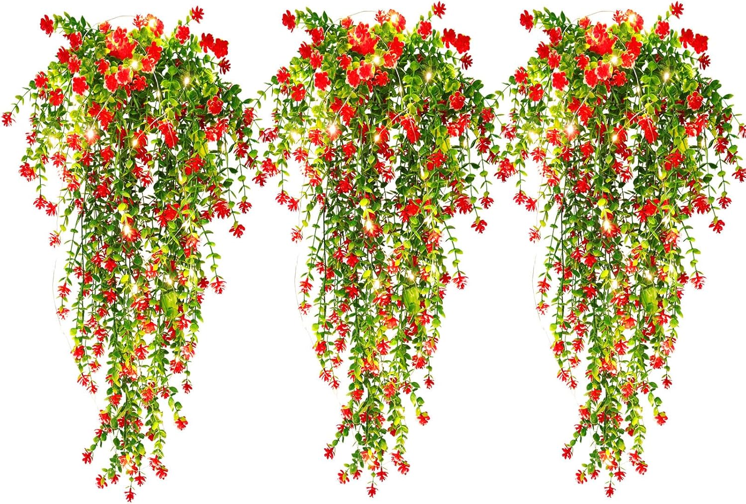 3 Pack Fake Hanging Plants with LED Lights for Outdoor Decor Red