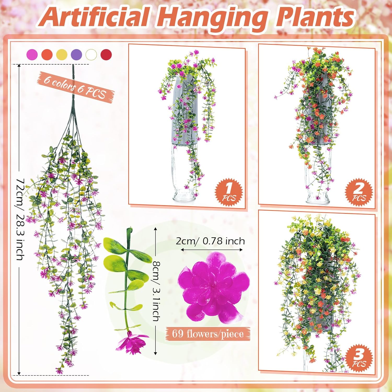 Hotop 6 Pcs Artificial Hanging Plants with Flowers