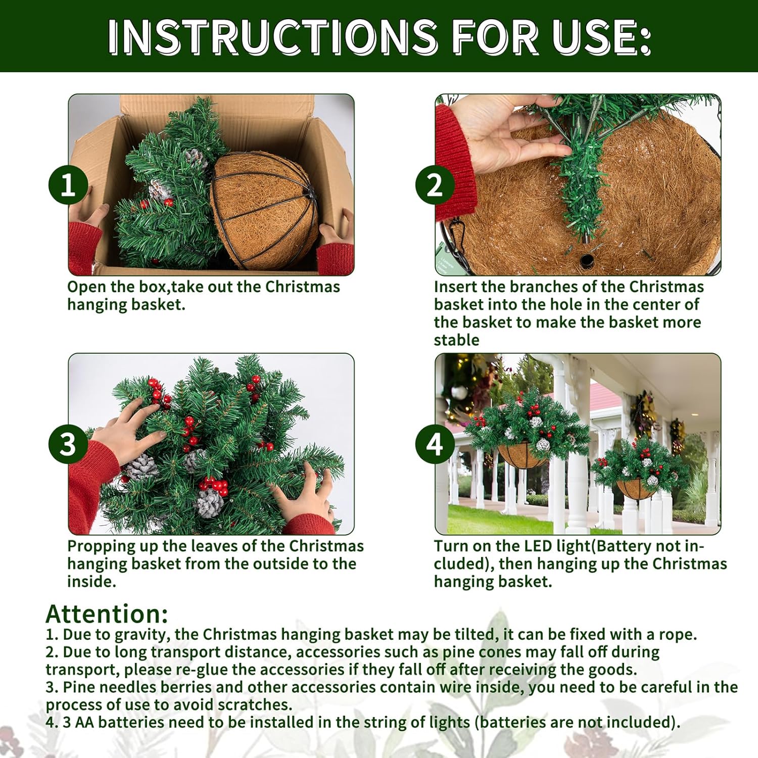 Ciaell 22inch Artificial Christmas Hanging Basket with LED Lights and Pine Cones Berries